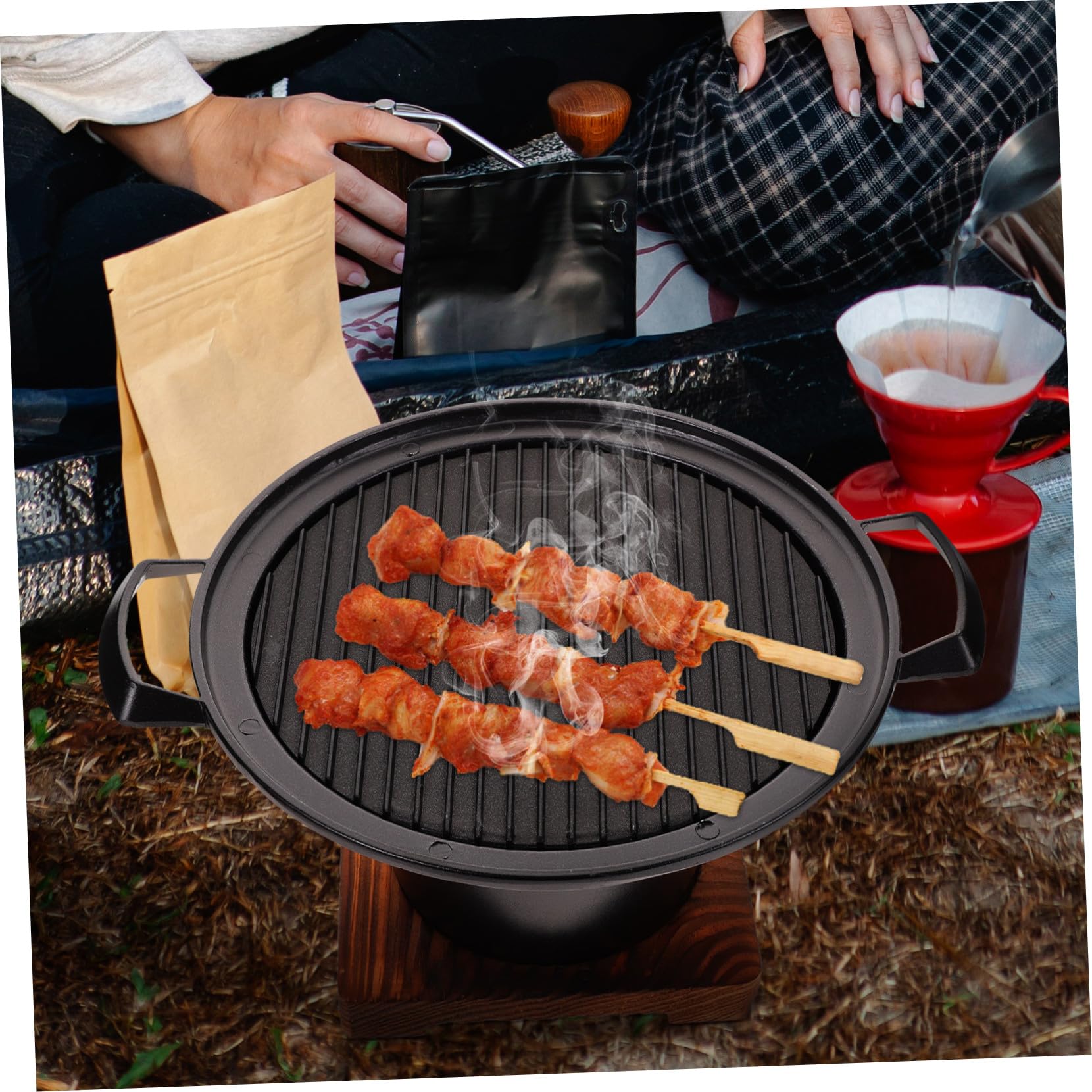 Parrilla de Mesa sin Humo para Barbacoa Doméstica Portátil de Aleación de Aluminio y Madera, Antiadherente y Fácil de Almacenar, Adecuado para Camping y Hogar