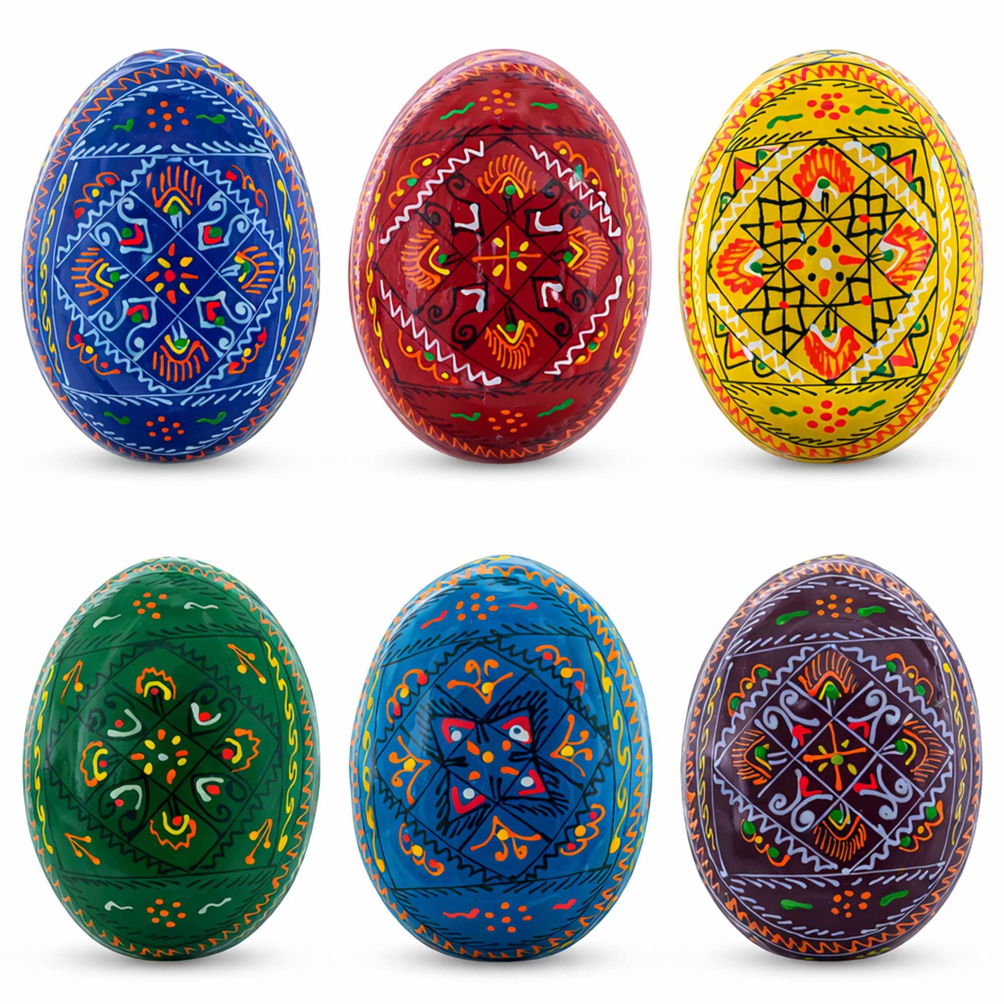 Set of 6 Traditional Ukrainian Pysanky Wooden Easter Eggs 2.25 Inches