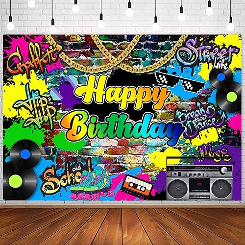 Miniatura 5 de Sensfun Pancarta retro de cumpleaños estilo hip hop de los años 90, graffiti, decoración de fiesta de cumpleaños de los años 80 y 90, fondo de mesa