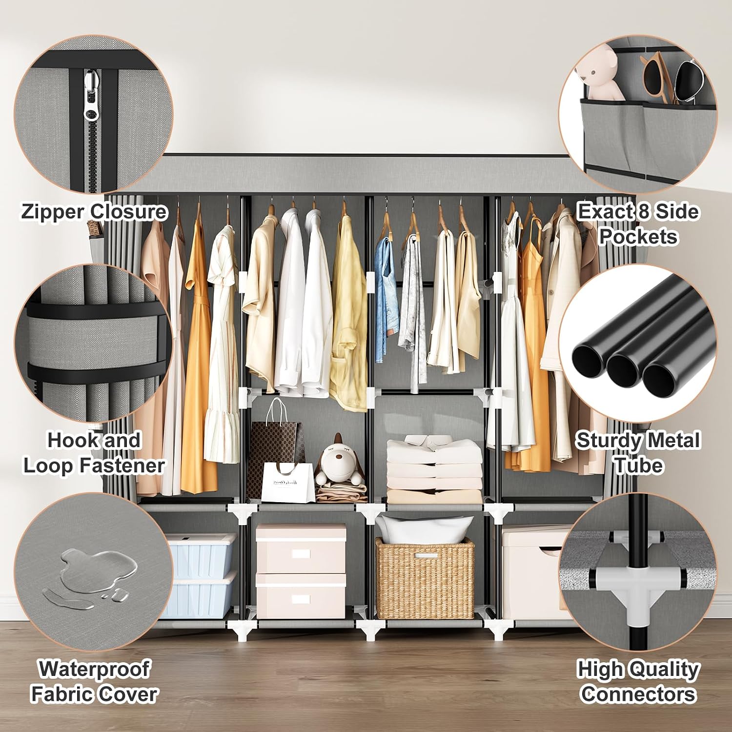 Portable Closet for Hanging Clothes, 67 Inch Wide Portable Wardrobe Closet with Cover, 4 Hanging Rod, Storage Shelves and Side Pockets, Large Free Standing Closet for Bedroom, Grey image 4