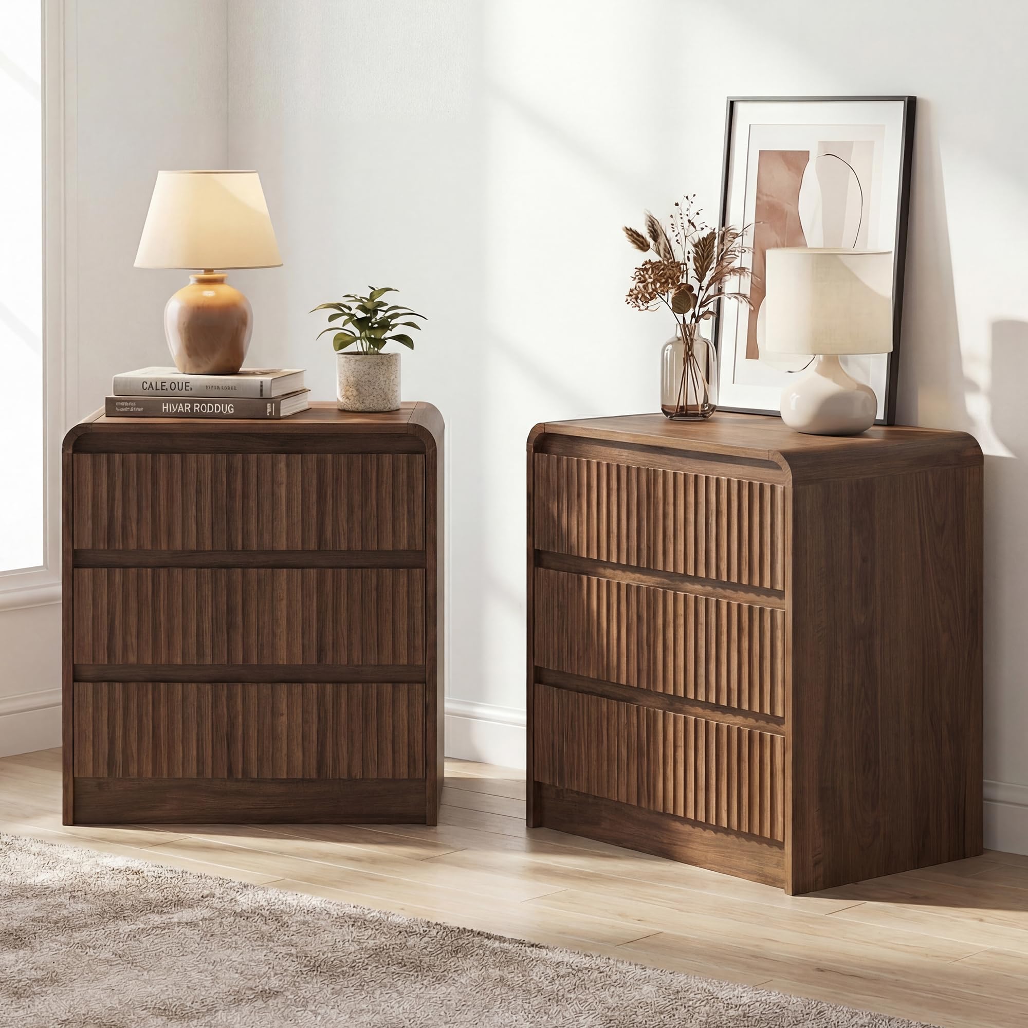 Seang Nightstand Set of 2,Fluted Nightstand with Charging Station,Wooden Bedside Table with