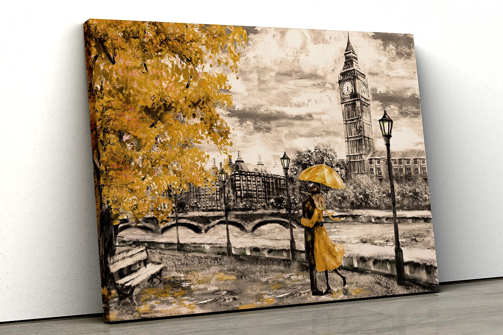 52 North London Big Ben Umbrella Tree Black white Oil Painting Framed Canvas Print Wall Art pp100 (A3 (16x12inch), Yellow)