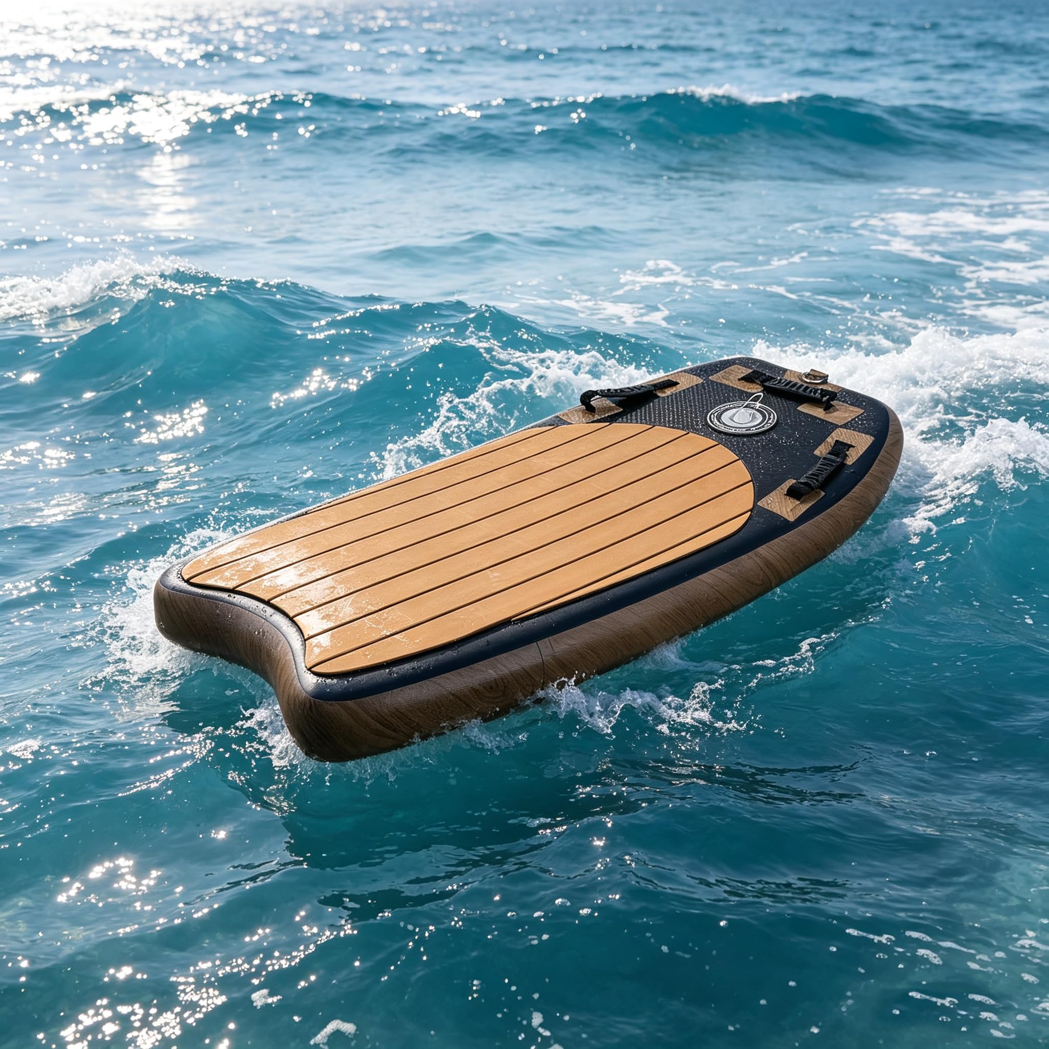Aufblasbares Bodyboard 105x53x10cm, 3 Griffe für bessere Kontrolle, 2 Seitenflossen für Stabilität, Eva Anti-Rutsch-Oberfläche, inkl. Sicherheitsleine, Pumpe & Tragetasche, max. Belastung 100 kg