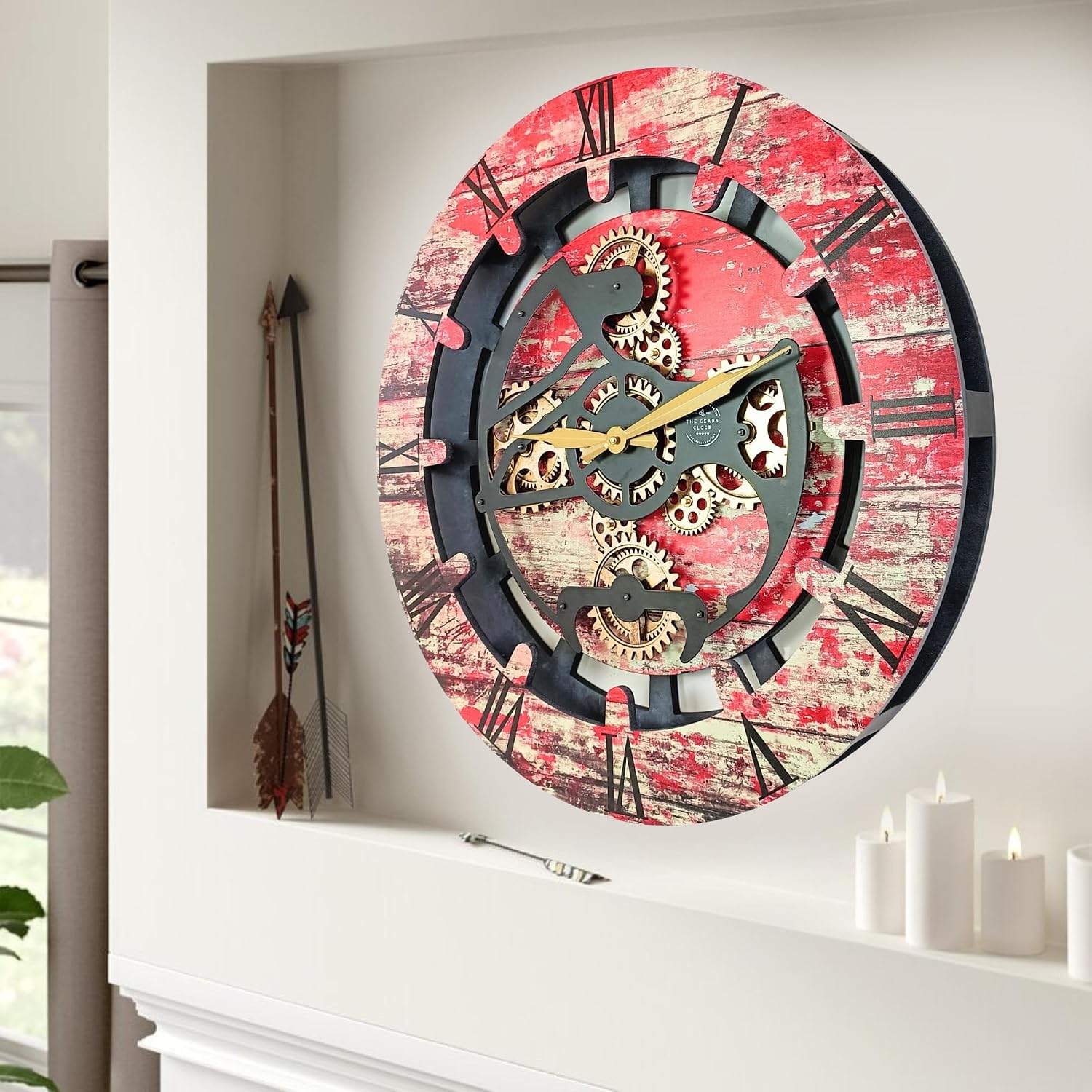 THE GEARS CLOCK Wall Clock with Real Moving Gears Canada Line 24 inch Round (Red Lava, 24 inches (60 cm))
