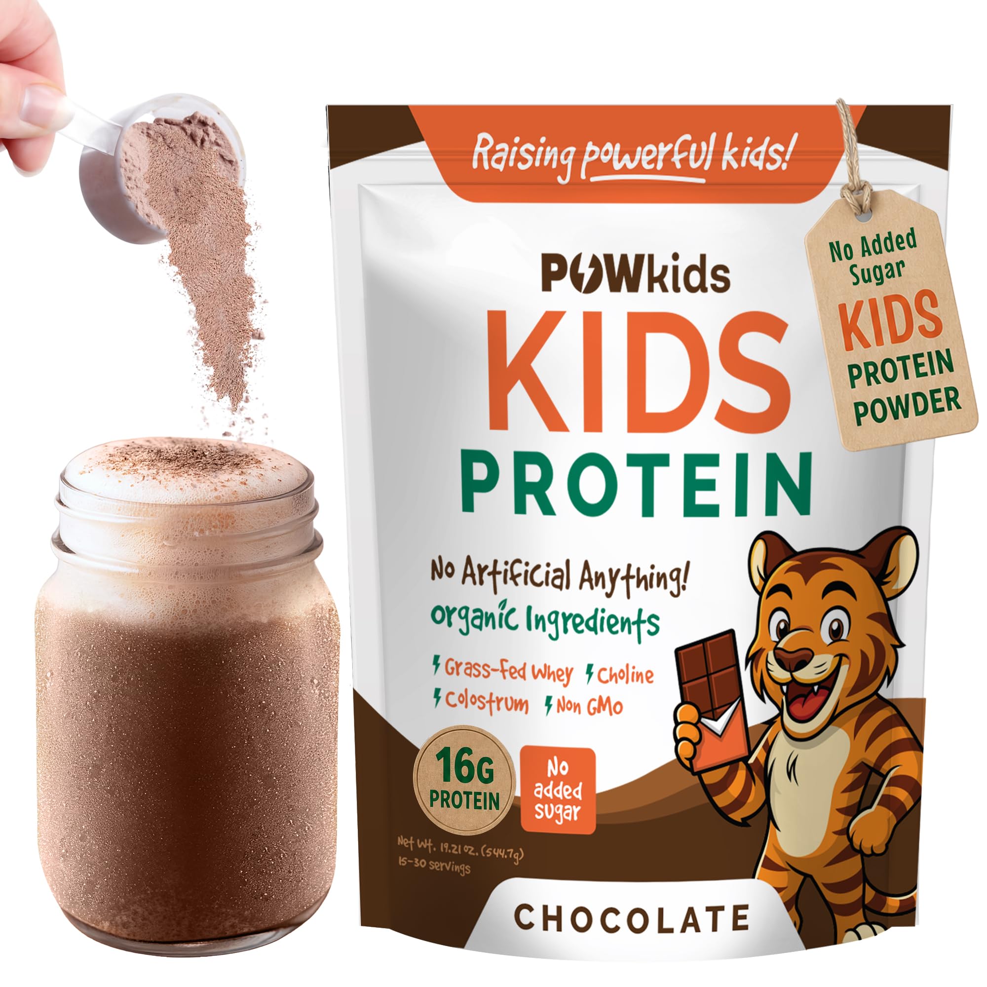 POWkids Suplemento proteico infantil de whey sabor chocolate, 16 g de proteína, 15 porções, 590,2 g