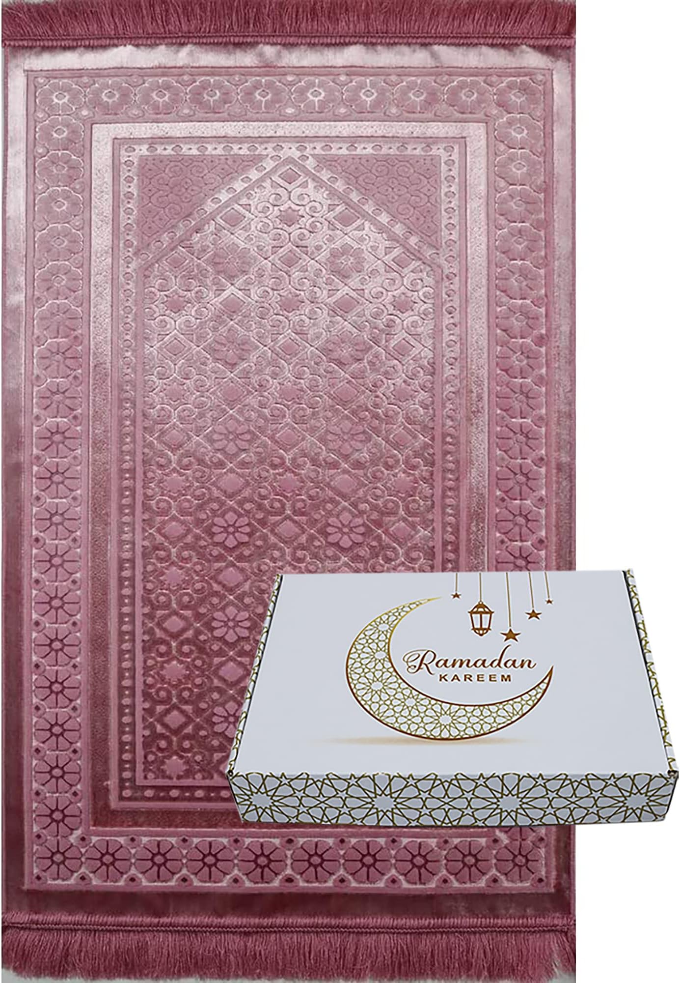 Modefa Luxury Islamic Prayer Rug in Gift Box - Deluxe Gift Set with Prayer Mat & Prayer Beads Tesbih - Soft Plush Turkish Prayer Rug for Men and Women - Ramadan or Eid Gift (Dark Pink)