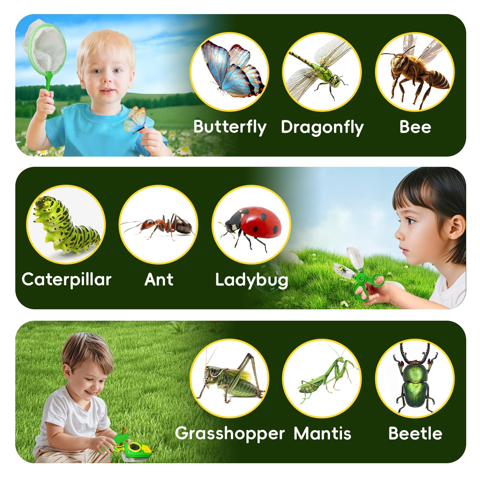 Kit d'exploration en Plein air Jouet d'extérieur 22 Pièces -Kit de Capture d'insectes, Boussole, Loupe, Microscope, Cadeau d'exploration Camping Nature éducatifs pour Partir de 3 Ans