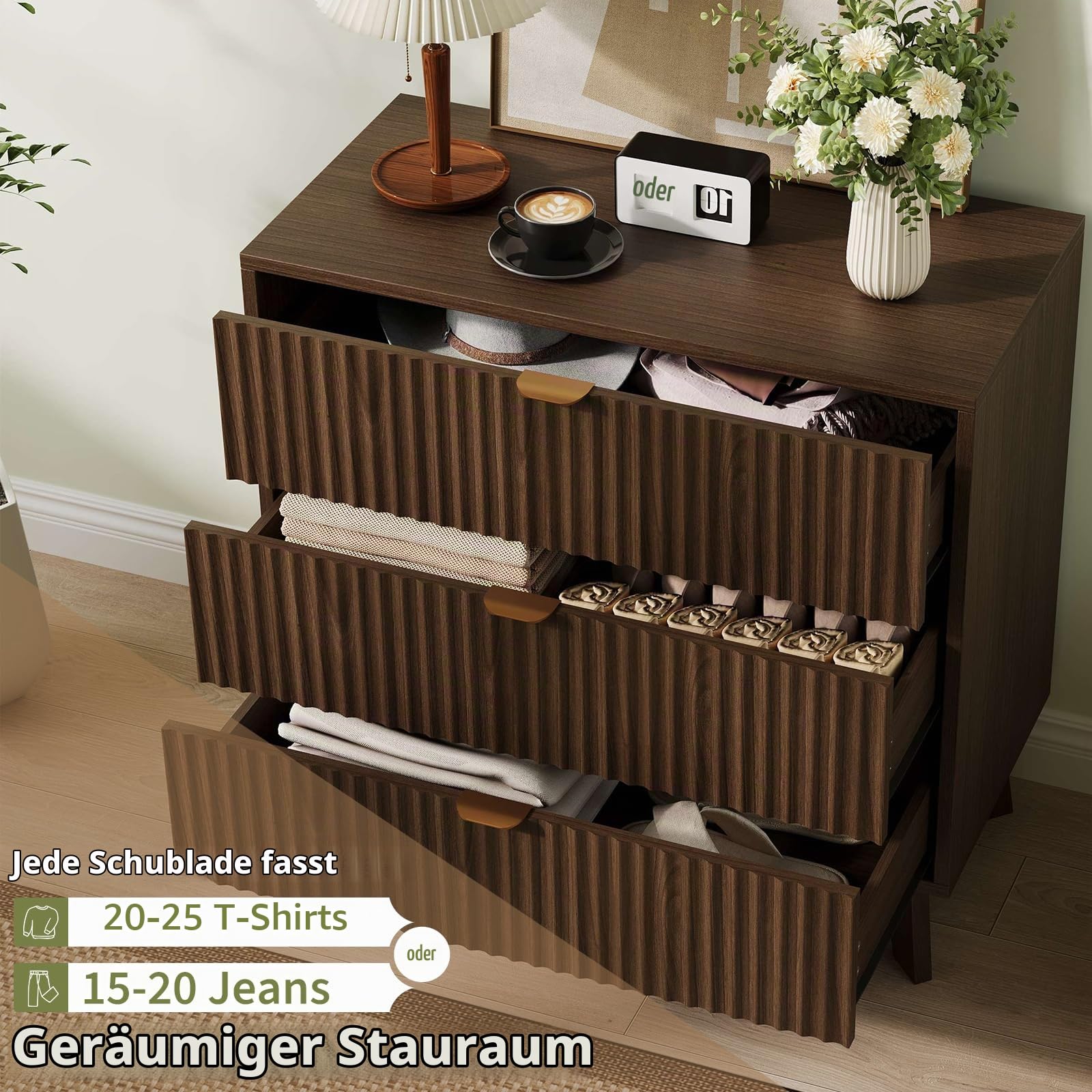 GarveeHome 3-Schubladen-Kommode, Geriffelte Dunkelbraun Holz-Optik, Moderner Mid-Century Stil, Robuster Holzwerkstoff, Für Schlafzimmer & Wohnzimmer, Größe 80 x 40 x 78 cm