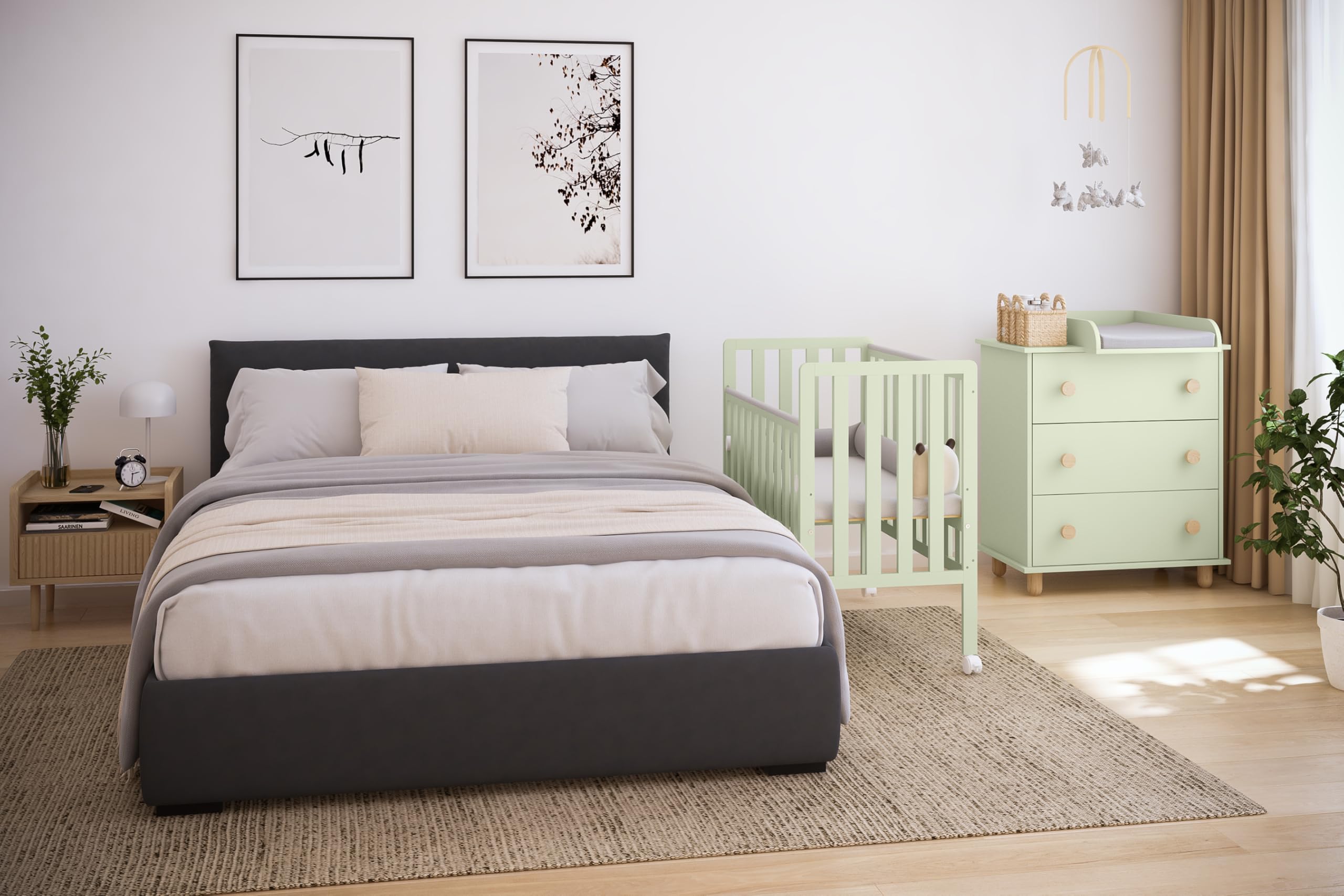 zee Bambi Mint Beistellbett Baby mit Rollen 100x50 cm Tragbar Babybett Verstellbarer Stubenwagen Kinder Bett im Minimalistischen Skandinavischen Stil 3-Fach Höhenverstellbar