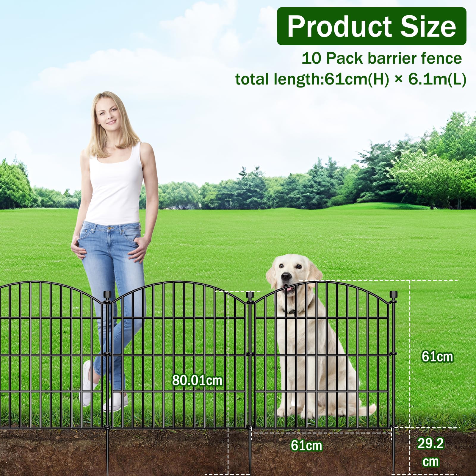 10 Panels No Dig Decorative Garden Fence with Gate - 61 cm (H) x 6.1 m (L) Dog Rabbits and Pets Fence Outdoor for Yard, Animal Barrier Tall Rustproof Metal Wire Fencing Border for Garden and Patio — view 2