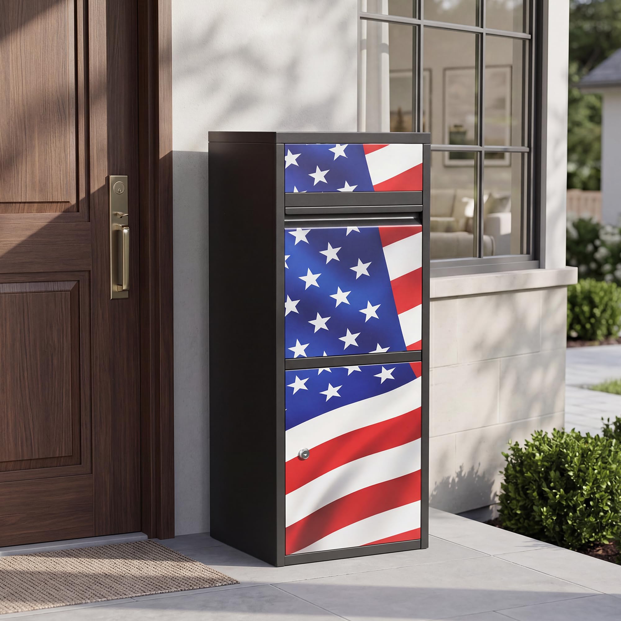 Merapi Patriot Heavy-Duty Parcel Fortress – Max Security Anti-Theft Delivery Box with Lock, Weatherproof Steel Package Drop Box for Porch Pirates |Emblazoned with Eagle &amp; Flag Design