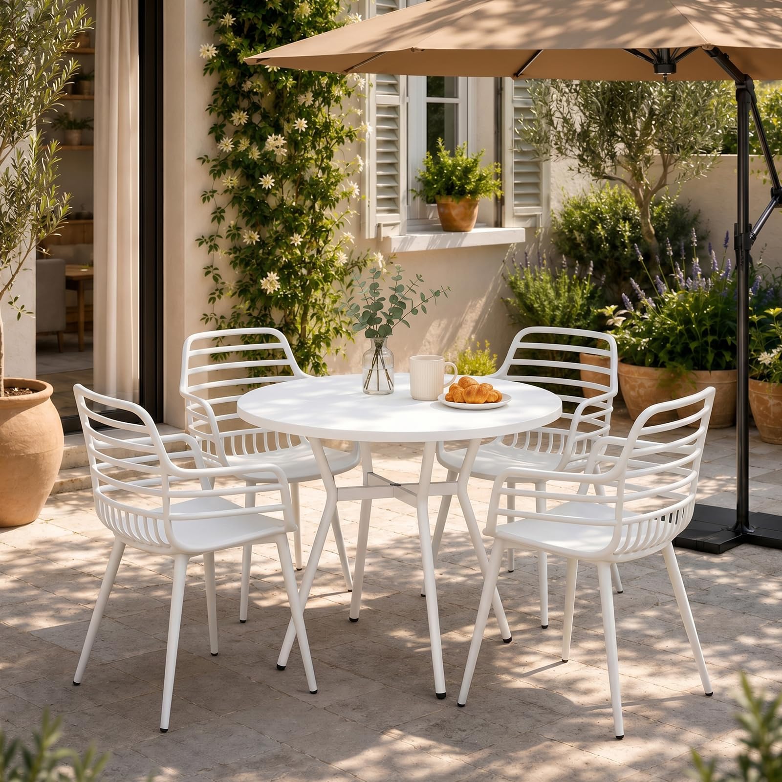 JIJIAN Essgruppe, Runder Weiß Esstisch mit 2 Weiß Armlehnenstühle, Durchmesser 80 cm, für Wohnzimmer, Café, Terrasse, Garten, Empfangsraum