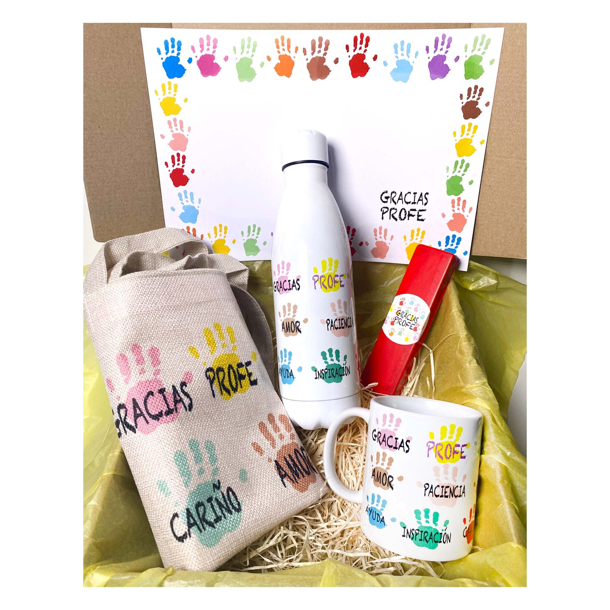 PACK Regalo para profesores PERSONALIZADO, botella de manitas, bolsa de tela de manitas personalizada, taza de manitas, Pack profesor, profesora infantil