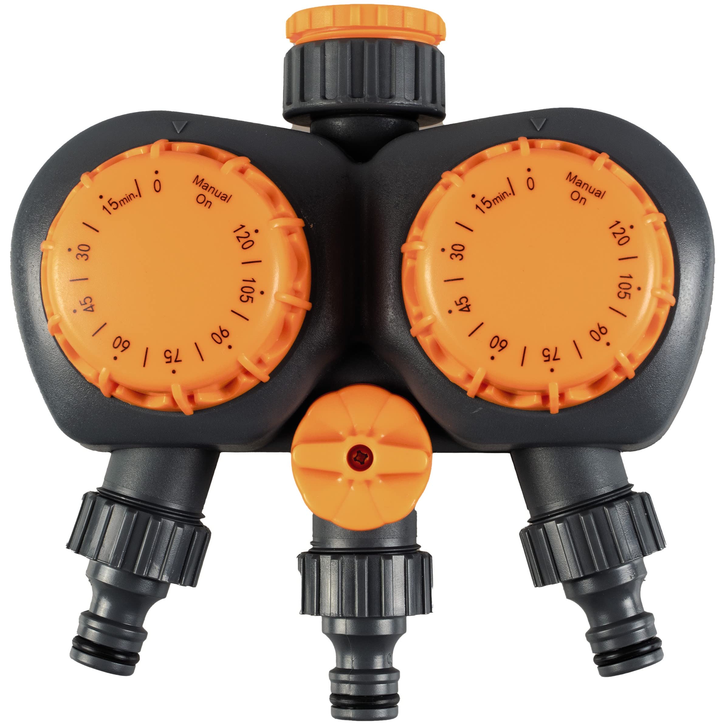 Mysmartbuy.com Orange & Grey 3-In-1 Double Head Mechanical Sprinkler Timer – Outdoor Tap Attachment For Garden Hose Pipe & Irrigation Watering System With 15-120 Minute Timer & Auto Switch Off – Measures 8 X 16 X 16Cm