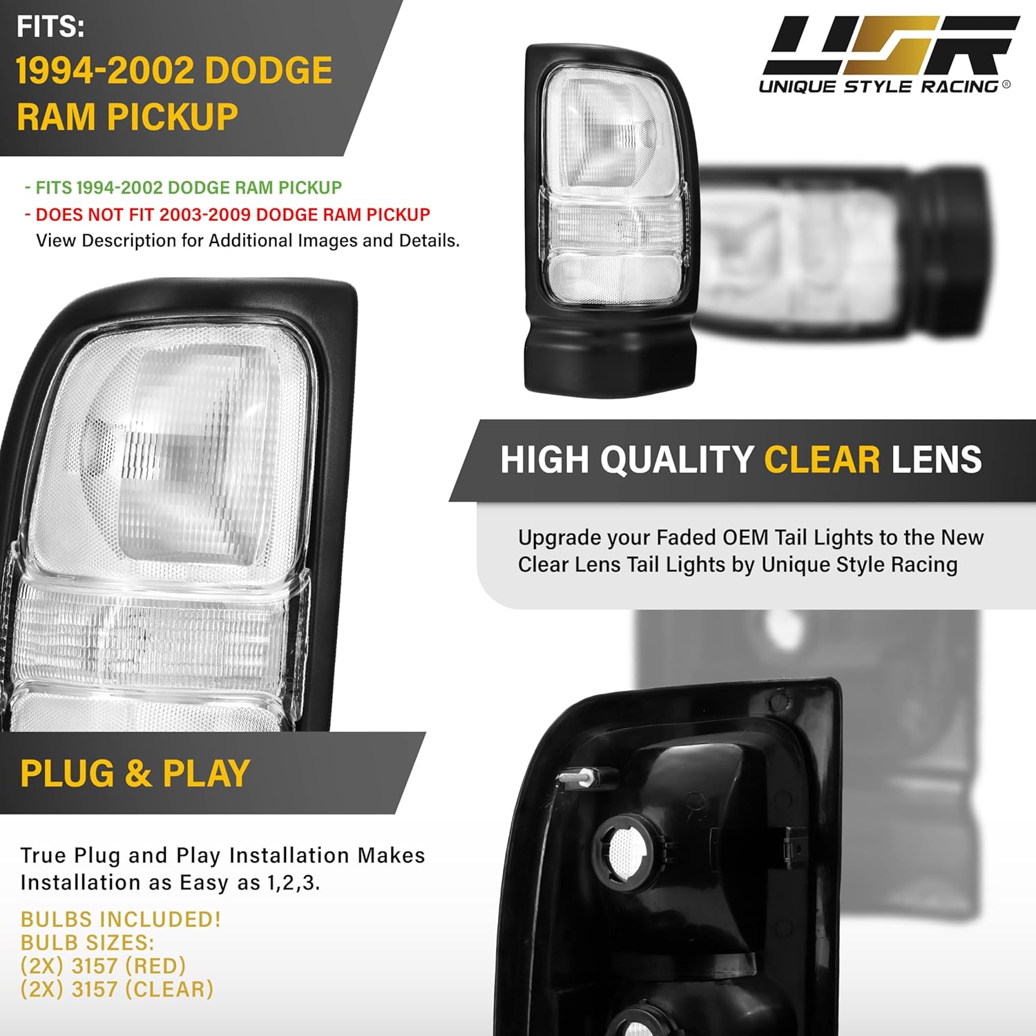 UNIQUE STYLE RACING 94-02 BR/BE PickUp Tail Light - Rear Lamp Set (Left + Right) Compatible with 1994-2002 Dodge Ram Pick Up Truck All Models/Trims 1500/2500 / 3500 (CLEAR LENS with COLOR BULBS)