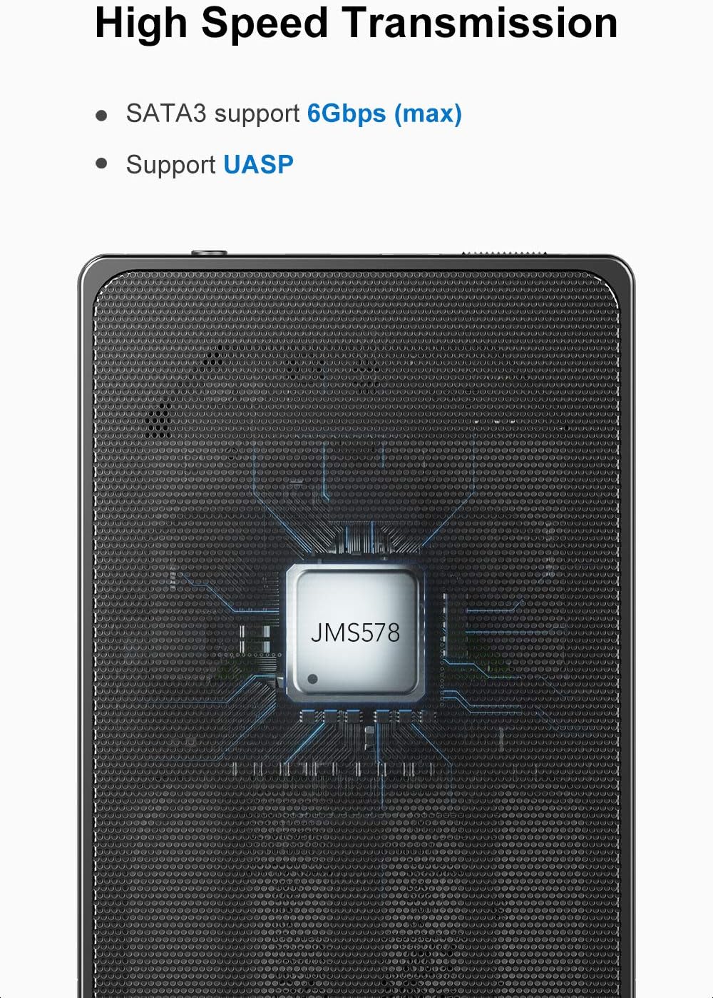 Close-up of the Inateck SA01003 back panel with lock switch, USB, and DC ports