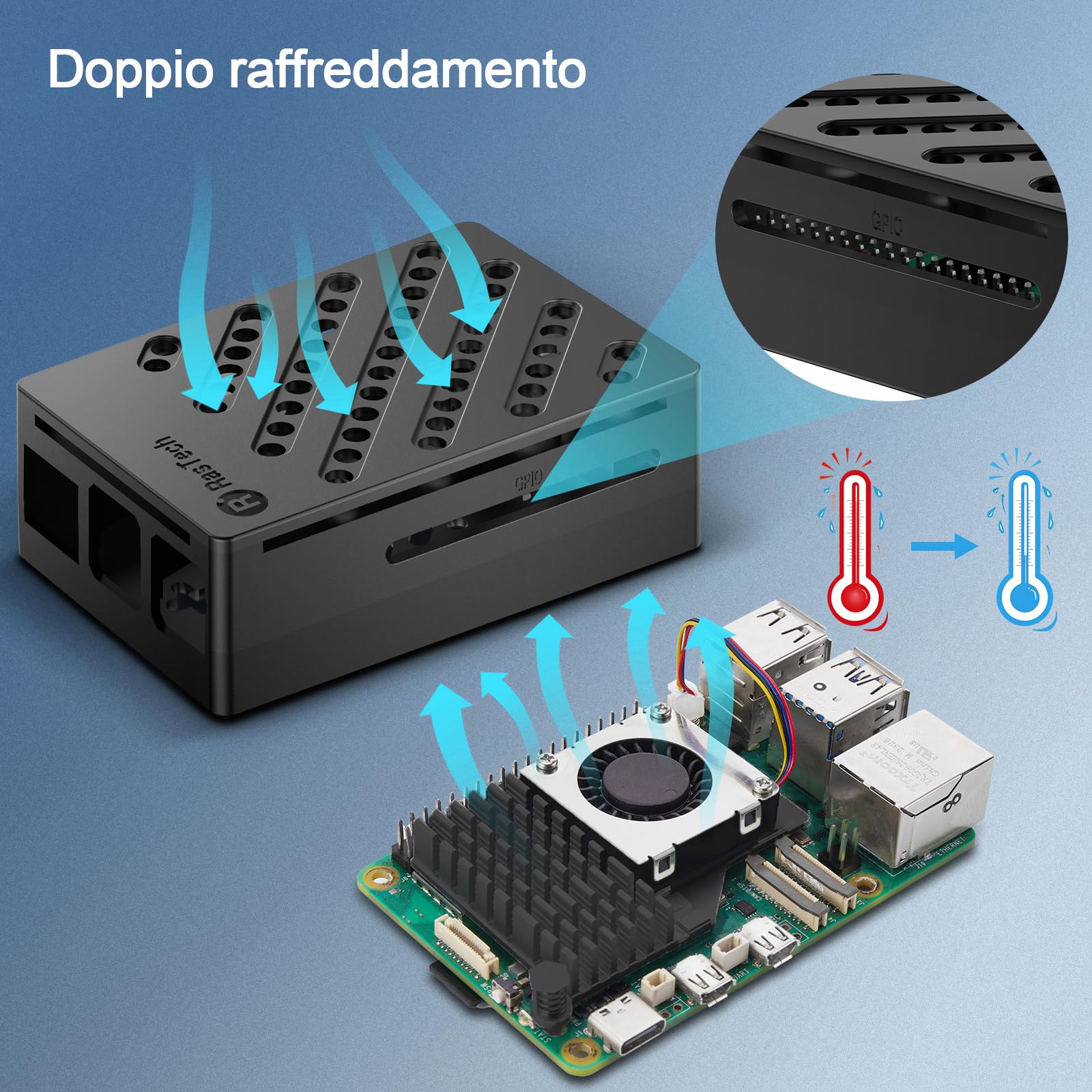 RasTech Raspberry Pi 5 8GB Starter Kit con 32GB Carta Pi 5 Alloggiamento con Active Cooler Lettore di schede Adattatore Cacciavite 1X Cavo HD OUT e Alimentazione USB C