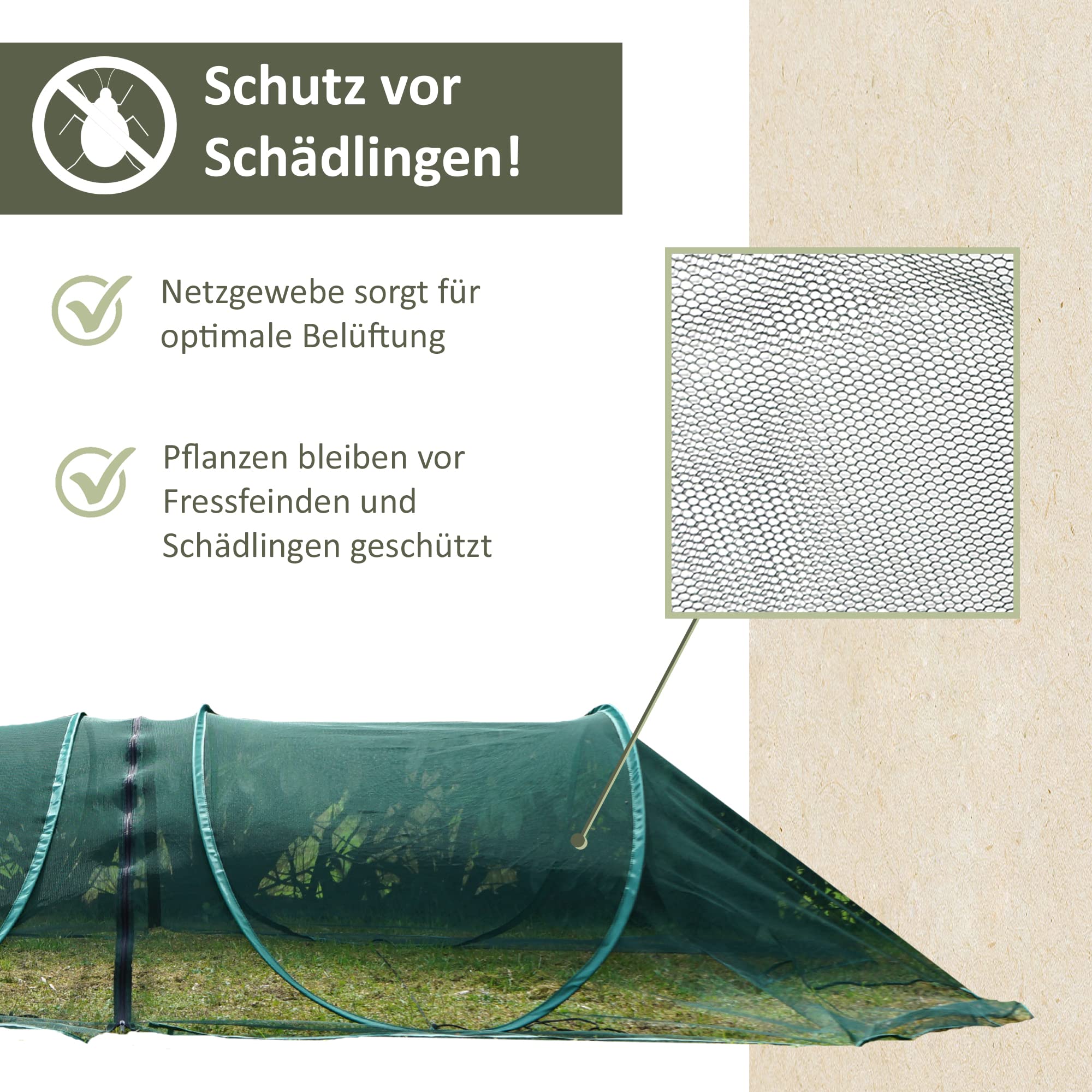 NATIV Pflanztunnel aus grünem Netzmaterial, Gartentunnel mit Stahlbügeln und Erdankern, Gemüseschutz und Vogelschutznetz, Alternative zum Folientunnel für Gemüsebeet, Hochbeet und Hausgarten