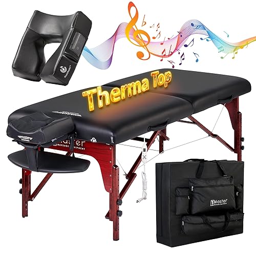 Master Montclair ThermaTop - Mesa de masaje musical portátil de 31 pulgadas con espuma viscoelástica, paneles de reiki y cables Shiatsu, cama