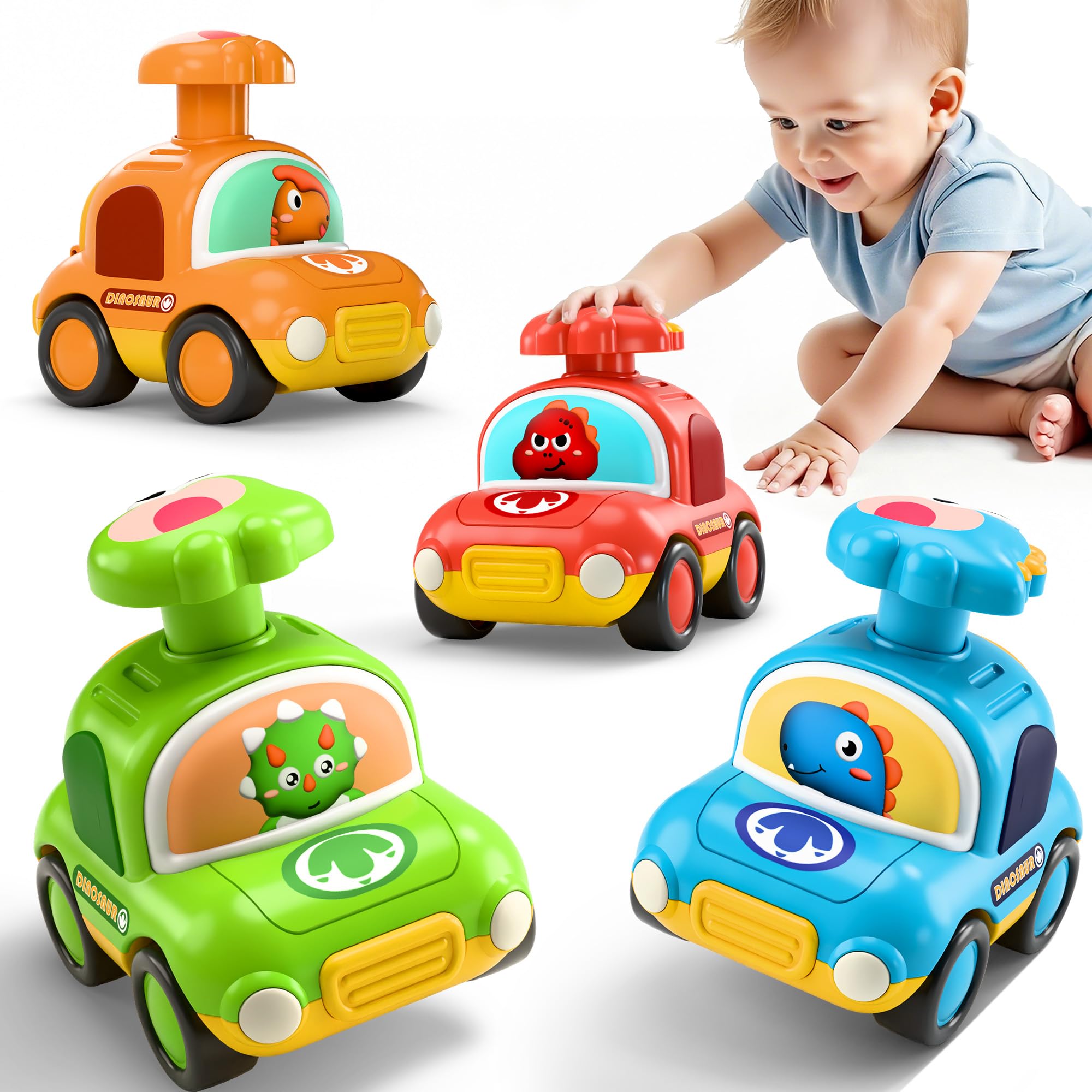 iPlay, iLearn Press to Go Dinosaur Car Toys for Toddlers 1-3, Baby Play Race Vehicle Set, Infant Dino Push Go Friction Toy, 4pcs Animal Car for 12 18 24 Month, 1st Birthday Gift for 1 2 3 Yr Boy Child