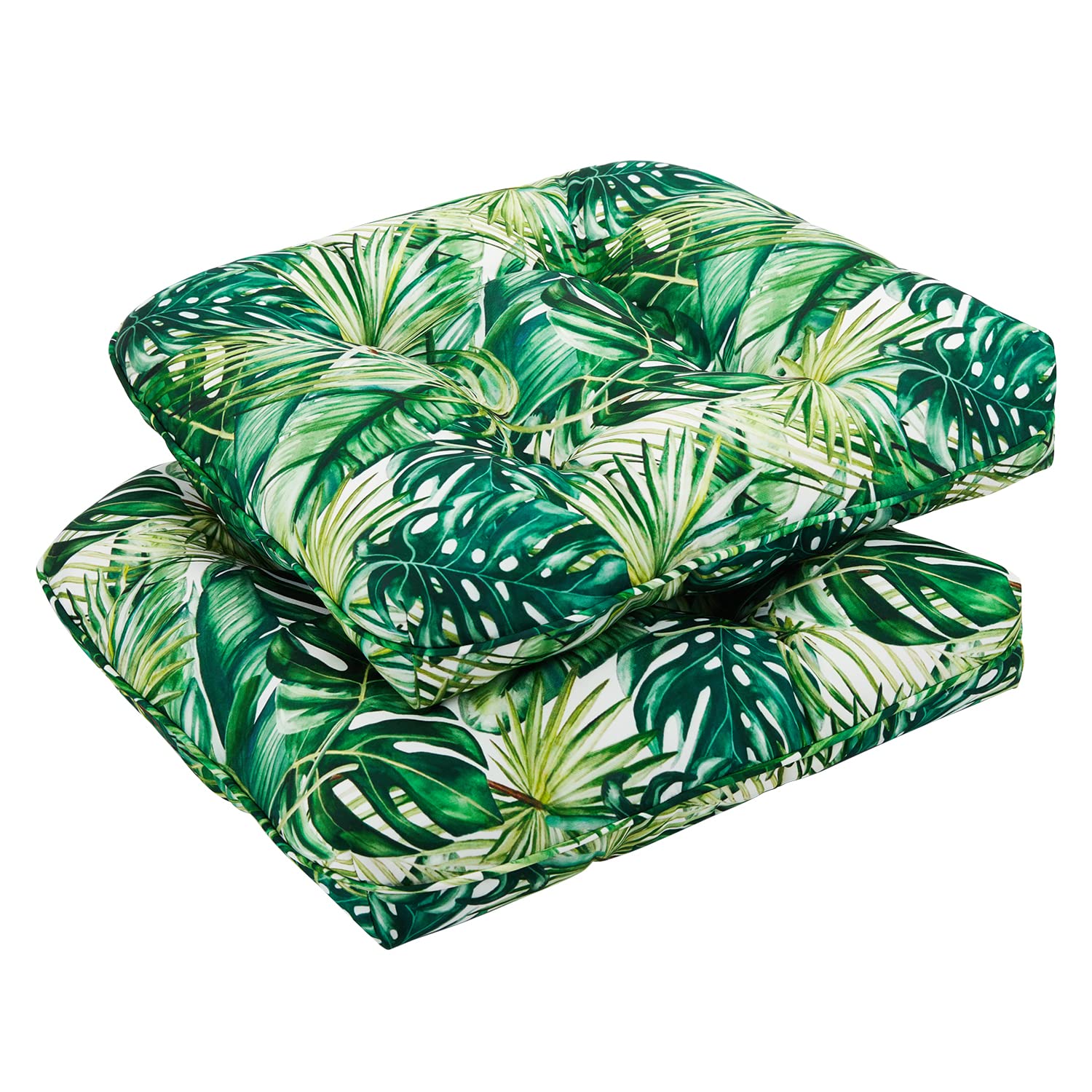 downluxe Outdoor Chair Cushions Set of 2 for Patio Furniture, Waterproof Tufted Overstuffed Patio Furniture Cushions, Memory Foam Outdoor Seat Cushion, 19" X 19" X 5", Palm Leaves