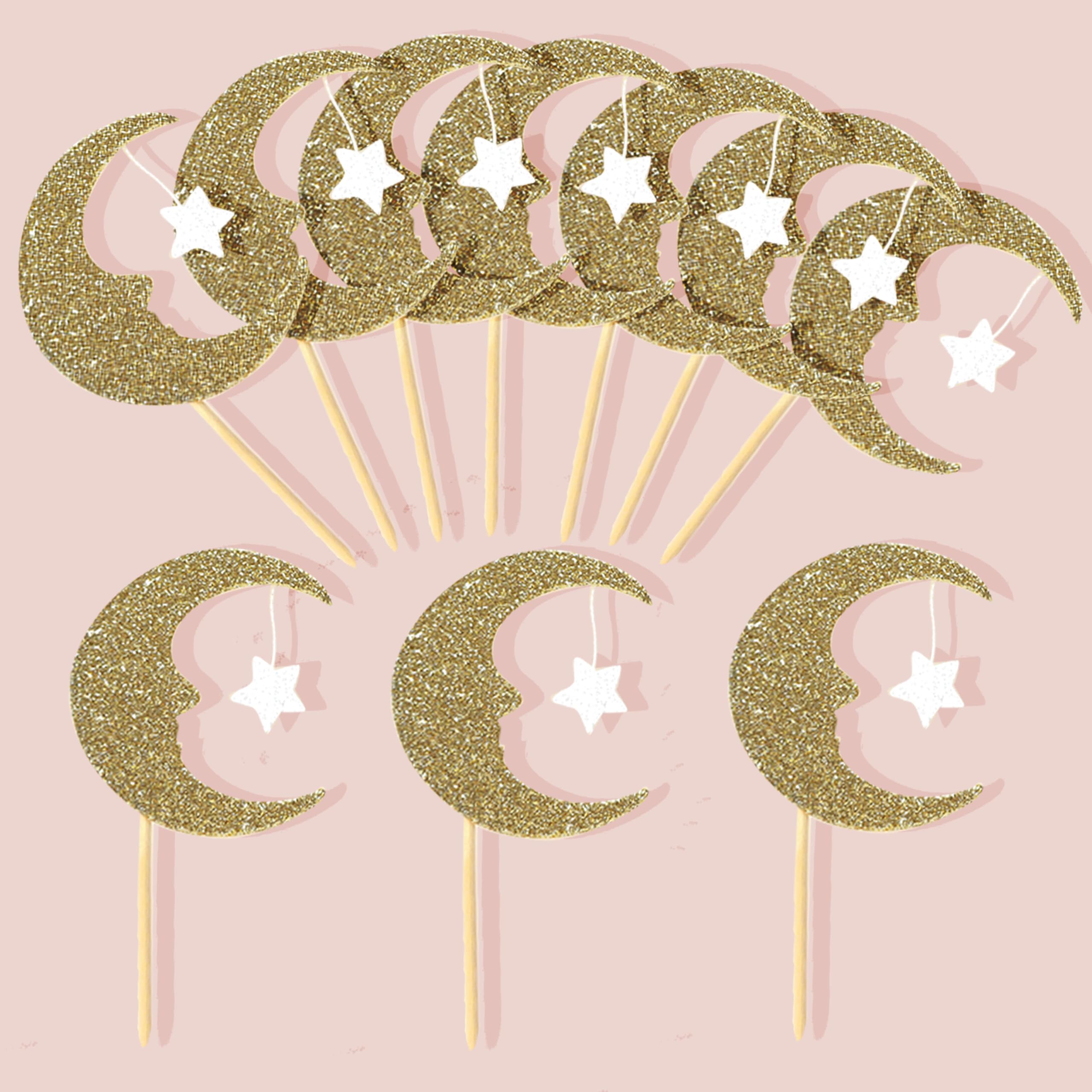 Moon And Star Cupcake Topper - Moon Star Space Theme Party Decorations, Glitter Moon Cupcake Topper, Twinkle Little Star Cupcake Decoration, Baby Shower Birthday Wedding Party Decor