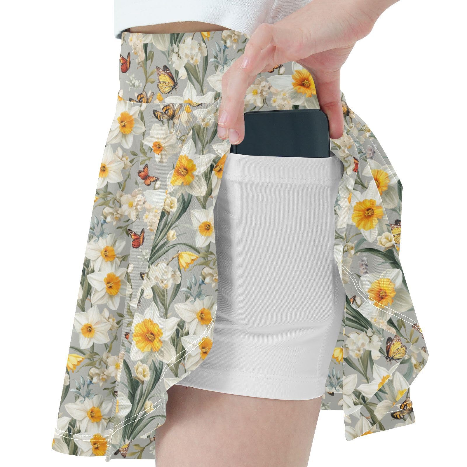 Daffodils in Gray Flowy Girls Skorts with Built-in Shorts Cheer Skirt Toddler Athletic SkortWith Pockets