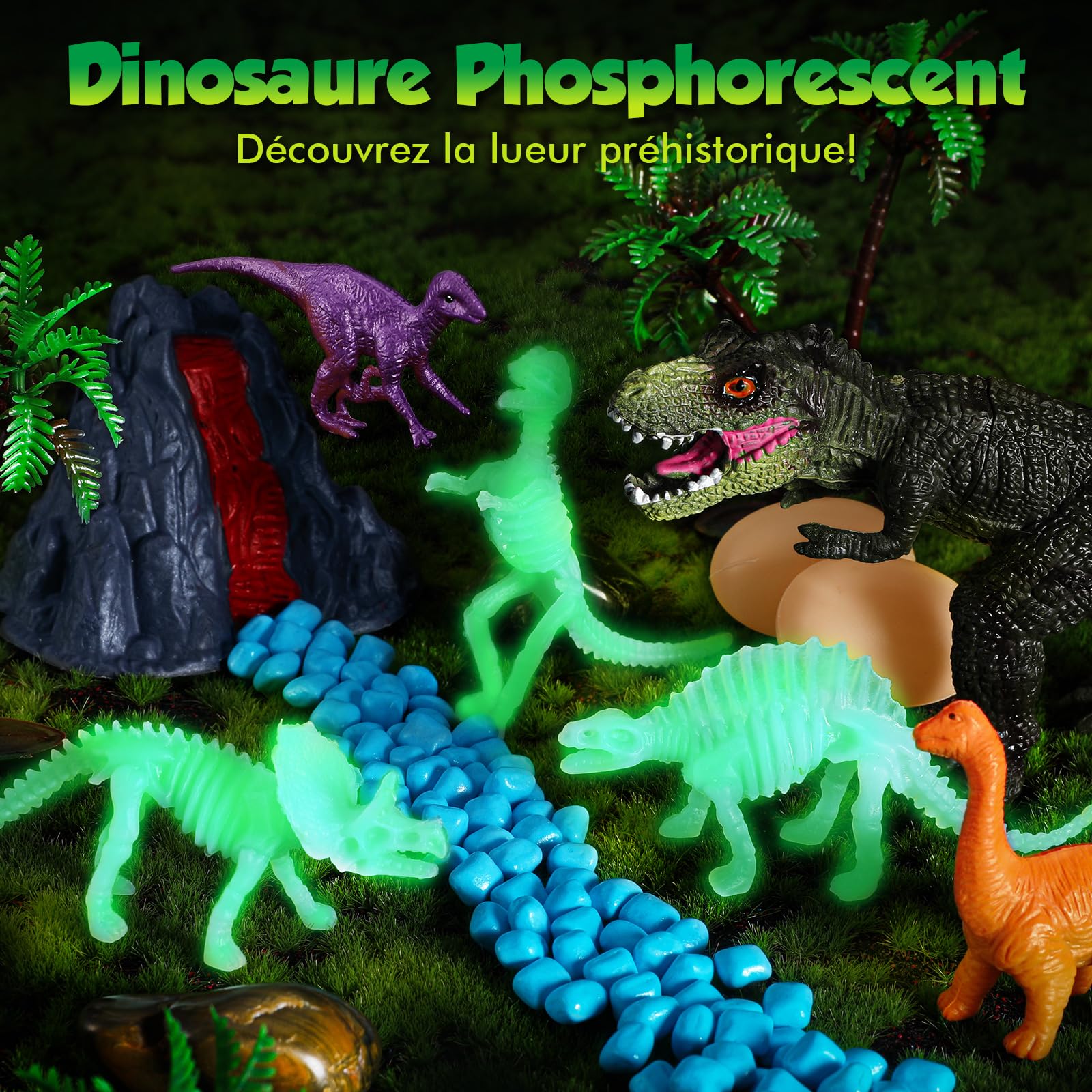 FRUSE Sable Magique de Dinosaure, Jouets Sensoriels avec Sable Sensoriels,Dinosaure Jouet, Dino Loupe de Jeu, Dinosaures Phosphorescents, Bac a Sable avec Couvercle,Cadeau pour Enfant de 3 à 8 Ans