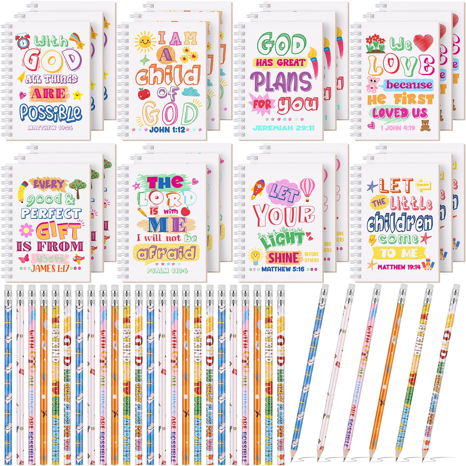 Crtiin 48 Stück, inklusive 24 Bibelversen, Notizblock, 24 Bleistifte, christliche Kirche, Geschenke, Studenten, Klassenzimmer, Auszeichnung, religiös, inspirierendes Notizbuch, Bibelstifte