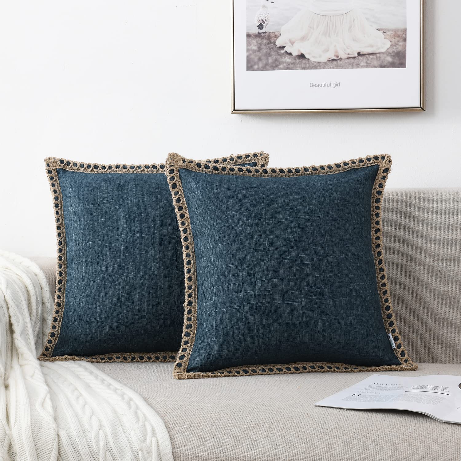 Housses de coussin à franges NordECO HOME en lin lavable et résistant pour décoration de chambre