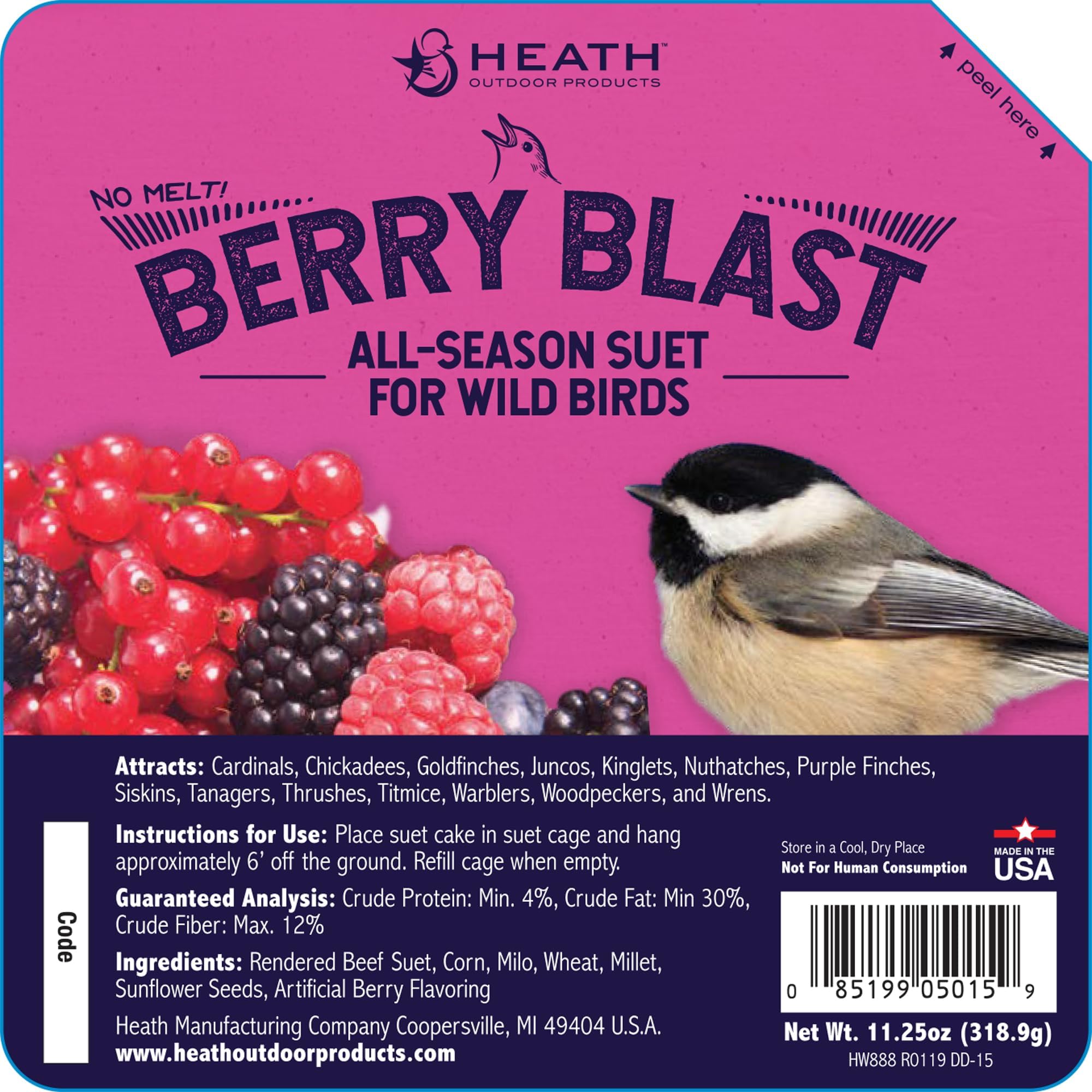 Heath Outdoor Products DD-15 Berry Blast Suet Cake, Case of 12, 0.75 lb