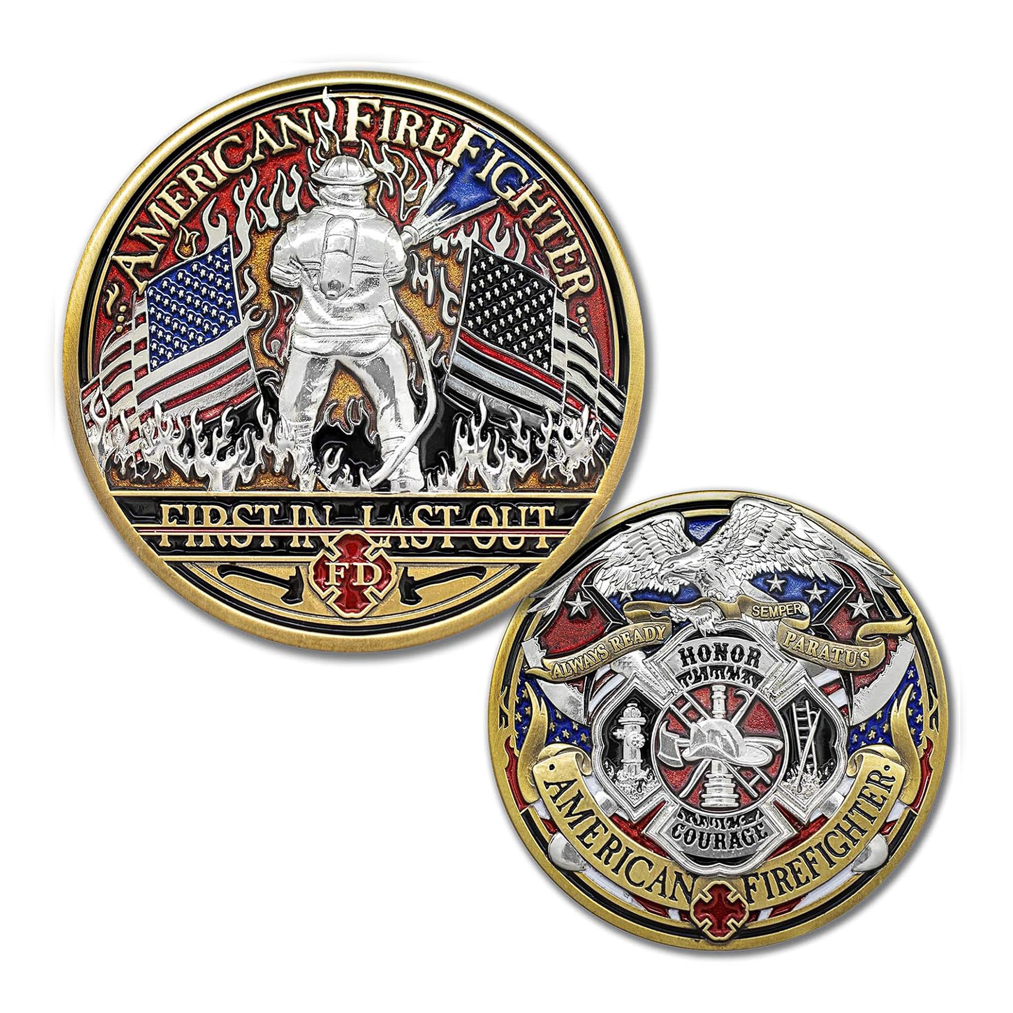 Armor Coin & EmblemArmor Coin & Emblem - American Firefighter Challenge Coin - Solid Metal with Hand-Rubbed Antique Finish - "First In, Last Out" High Relief Eagle & Maltese Cross Design (Without tin Gift Box)