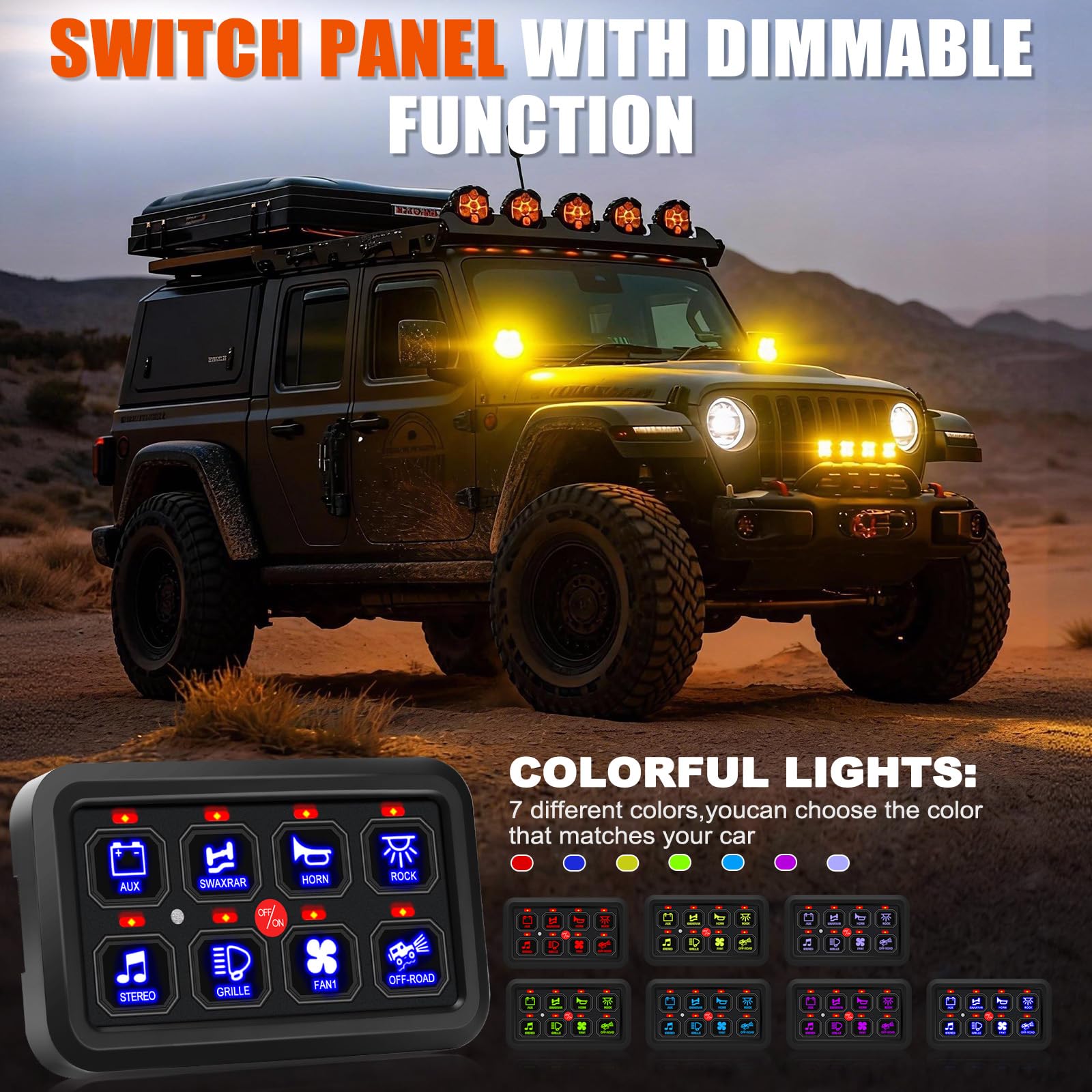 Pannello di commutazione a 8 vie, pannello di commutazione marino, pannello di comando degli interruttori 12V/24V con 7 colori 60A, 600W/12V, 1200W/24V, per auto, camion, barca, jeep, yacht
