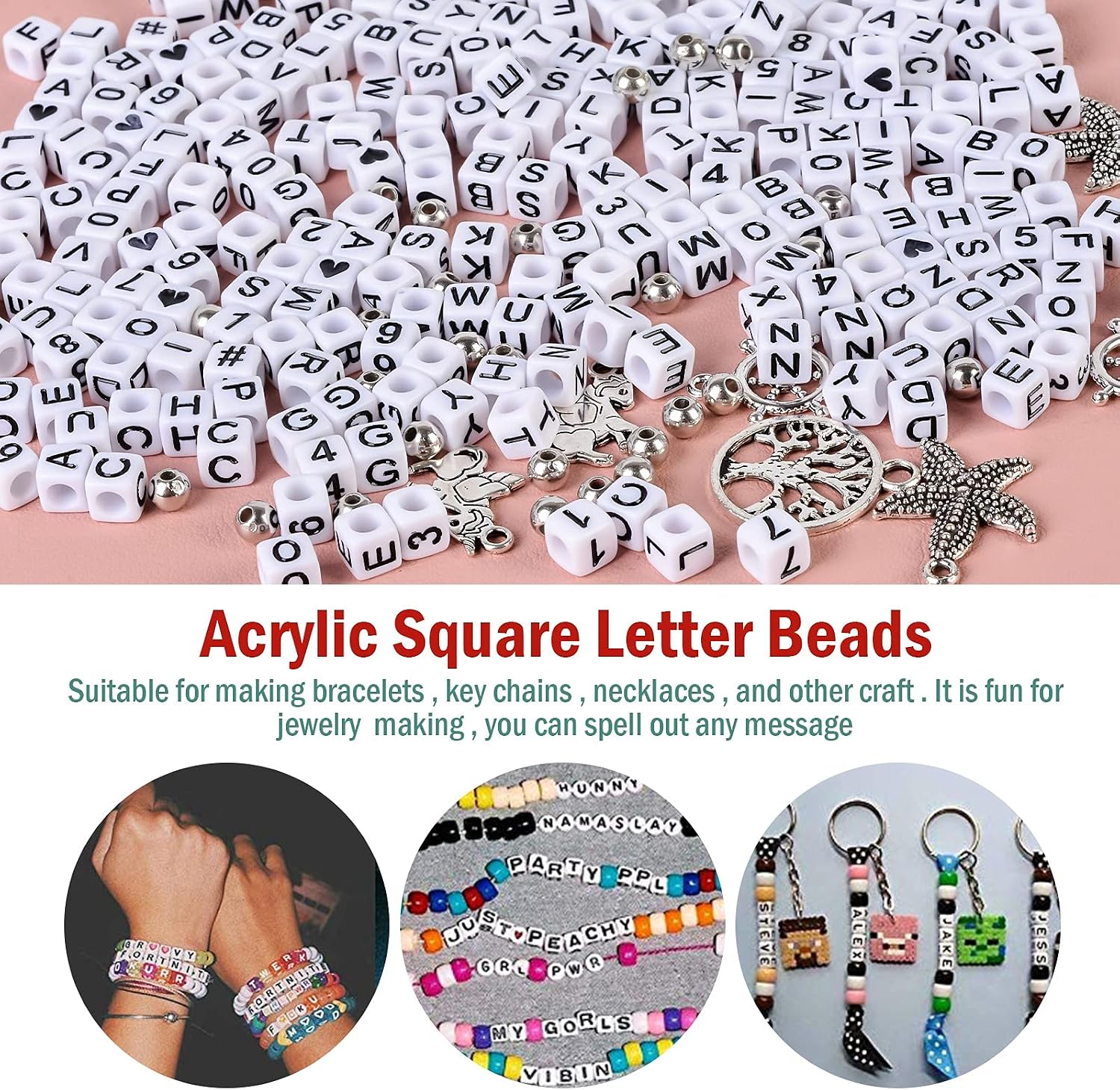 1670 PCS Letter Beads Acrylic Square Beads for Bracelets, Heflashor Cube Letter Beads Kits for Kids Friendship Bracelets, Square Alphabet Heart Beads for Jewelry Making/Necklaces, 6 X 6mm (White)