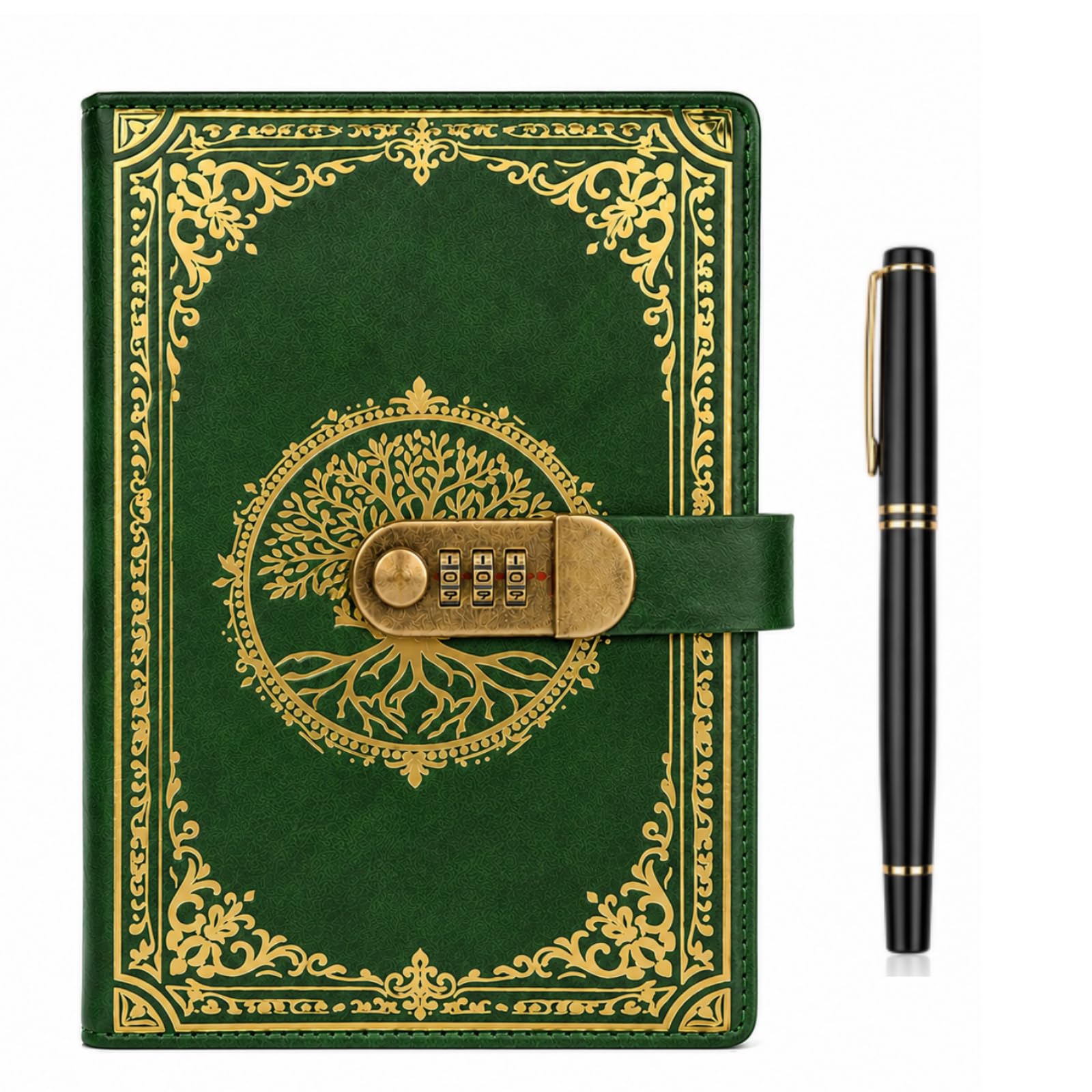 SIMDAO A5 Leather Journal with Lock, 300 Pages/100GSM Thick Lined Paper Secret Diary, Vintage Notebook with Pen, Privacy Password Journal for Men Women (Green)