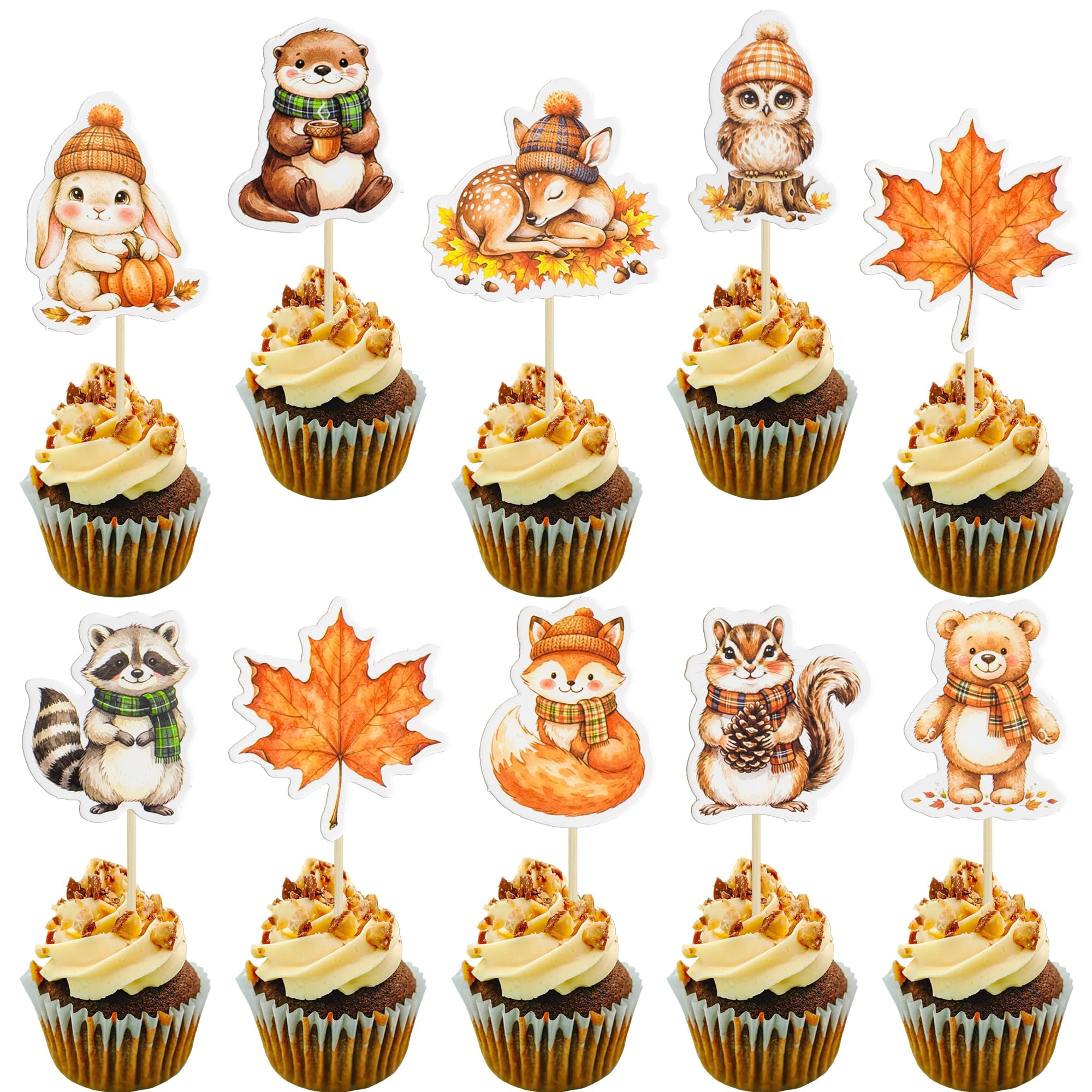 Ephlyn 36Pcs Autumn Animal Cupcake Toppers Jungle Safari Zoo Theme Cake Picks Cute Animal Party Decorations for Baby Shower Birthday Party Supplies Orange