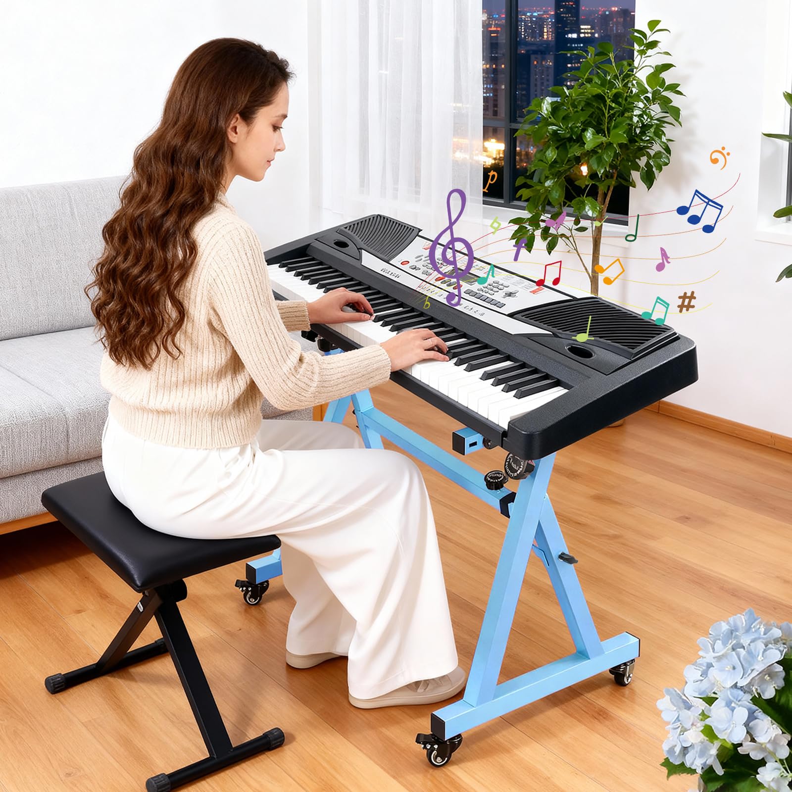 Supporto per Tastiera Pianoforte Regolabile in Altezza da 55 a 87CM, Supporto per Pianoforte a Forma di Z con 4 Ruote Girevoli, Adatto per Pianoforti con 54-88 Tasti, Capacità di Carico 160KG (Blu)