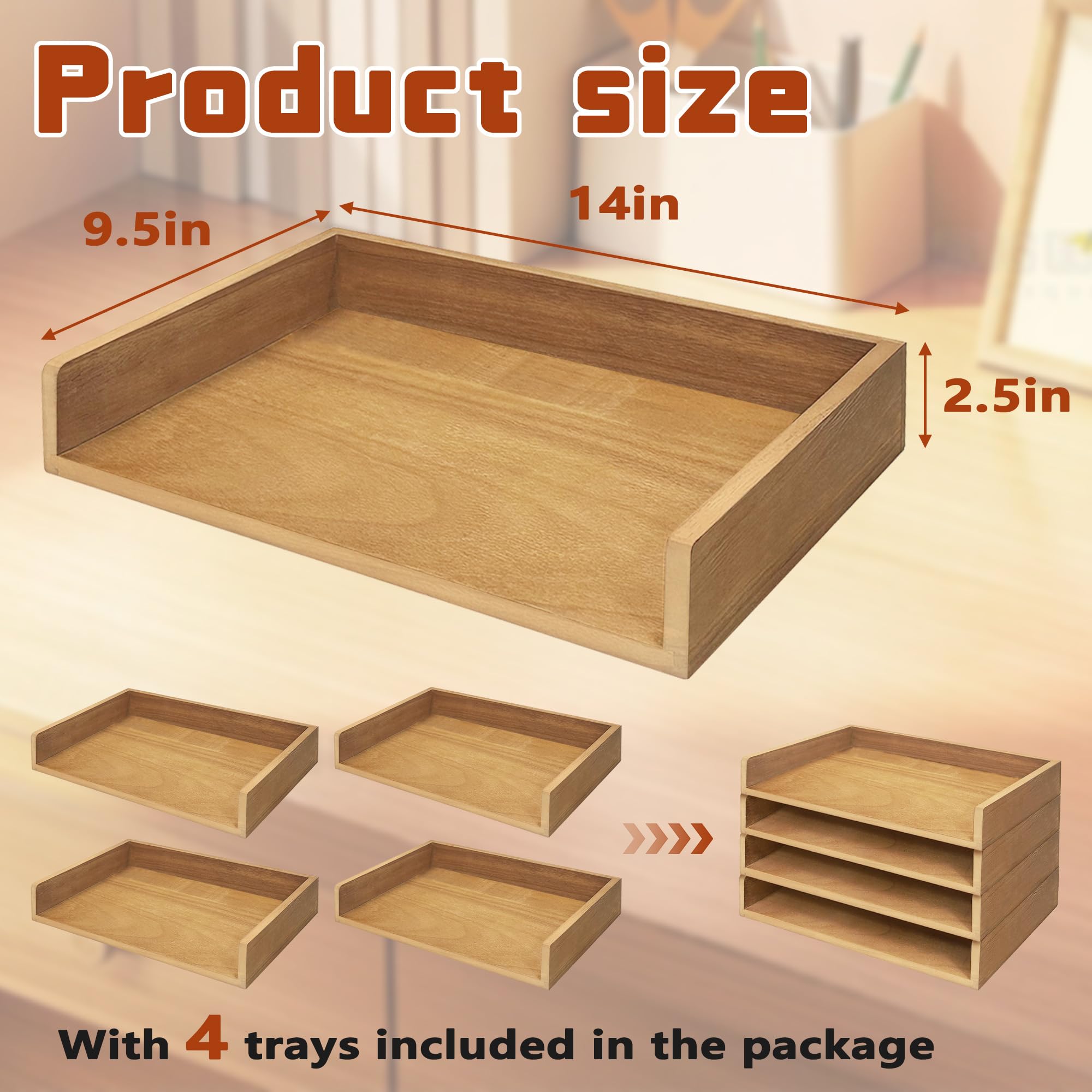 PROLEE Papierablage aus Holz für Schreibtisch, stapelbarer Papierhalter und Briefablage, 4-stöckiges Schreibtisch-Aktenregal für Arbeitszimmer, Zuhause und Büro (Eiche, 35,6 x 24,1 x 6,3 cm)