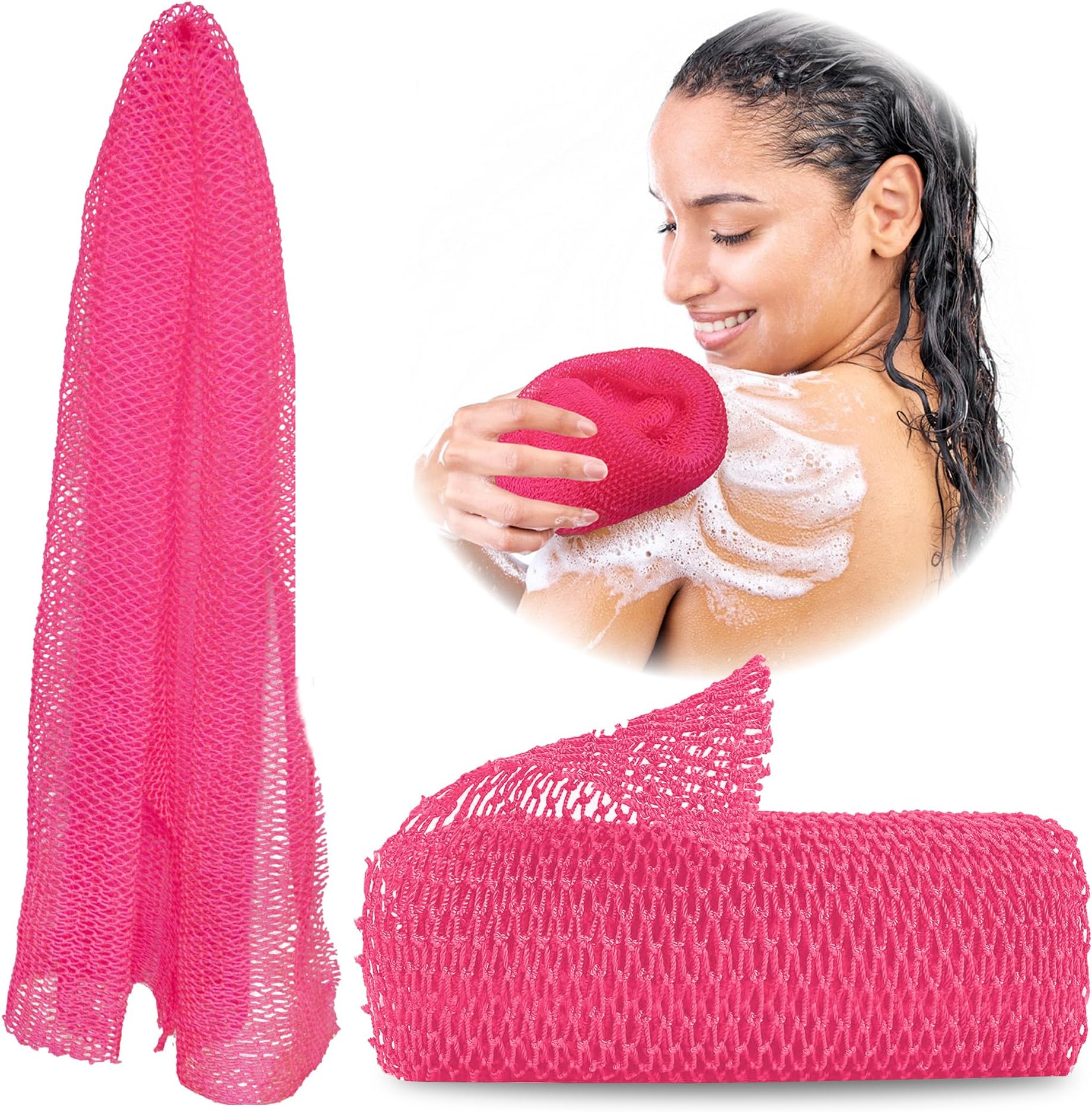 African Exfoliating Net Sponge, Authentic, Real, Body Scrubber, Long Bath Wash Cloth, Body Exfoliator, Sapo, Shower Accessories, Back Foot Scalp Scrub, Flat Dead Skin Remover Body Wash (Pink)