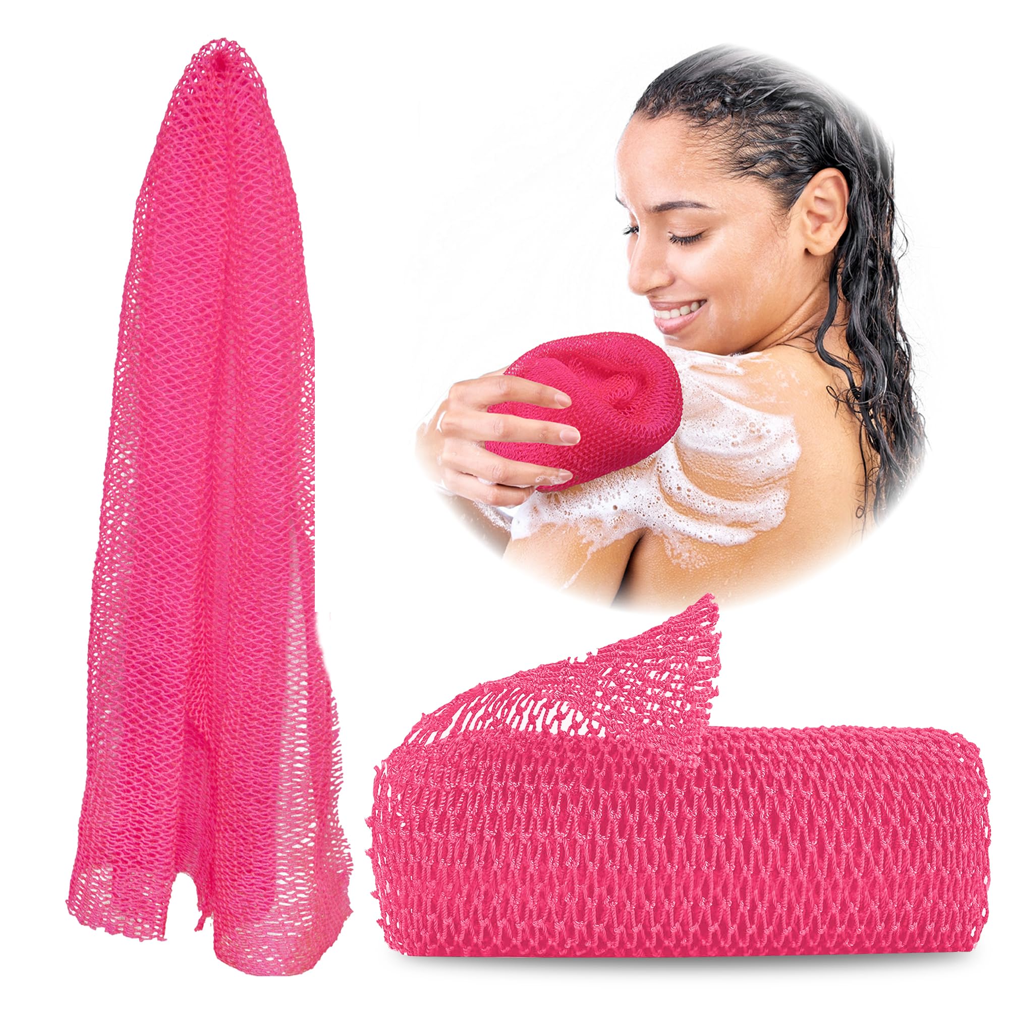 Adeton African Net Sponge, Exfoliating Body Scrubber, Body Exfoliator, Long Net Sponge, 17 Colors, Sapo, Shower Bath Accessories, Back Foot Scalp Scrub, Flat Dead Skin Remover Body Wash (Pink)