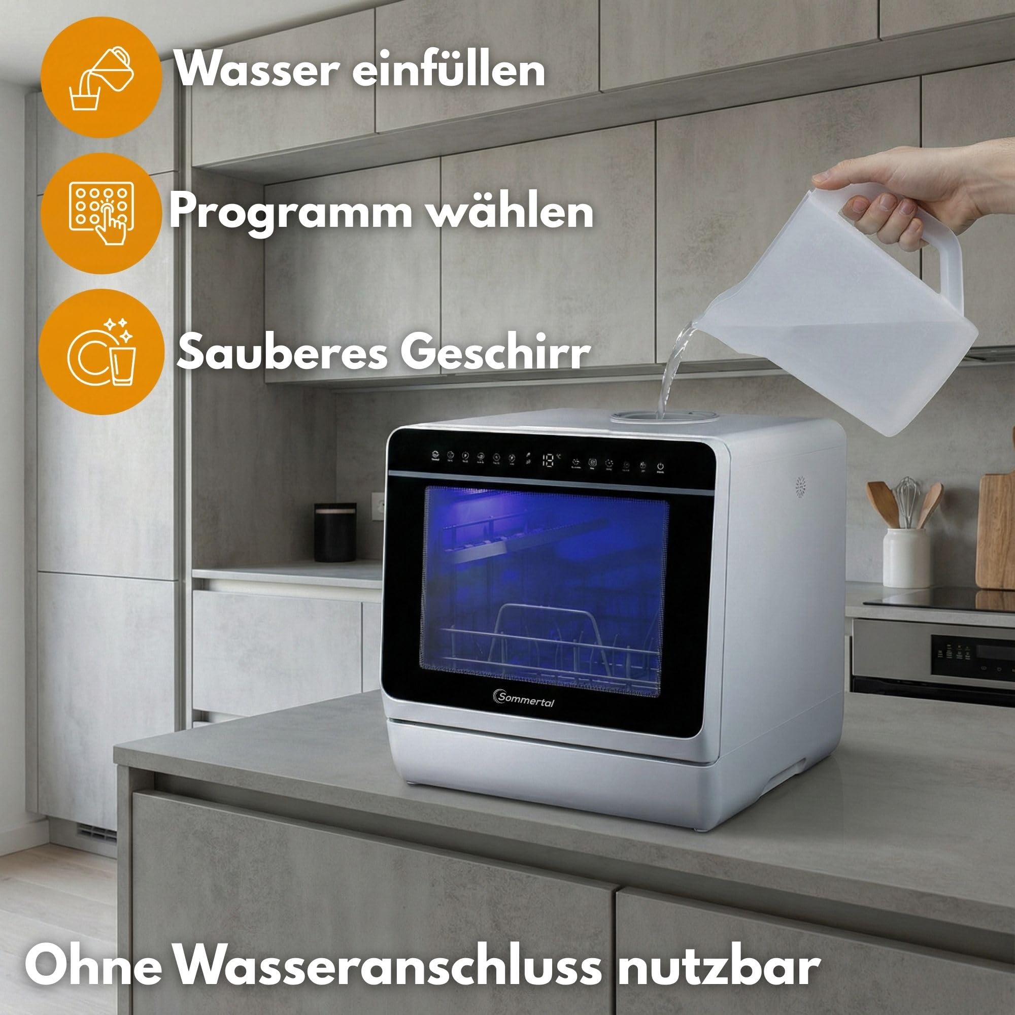 Sommertal SP9 Mini Geschirrspüler Tischgeschirrspüler 28cm Teller 10+1 Funktionen freistehend LED Touch 5L Wassertank Festanschluss