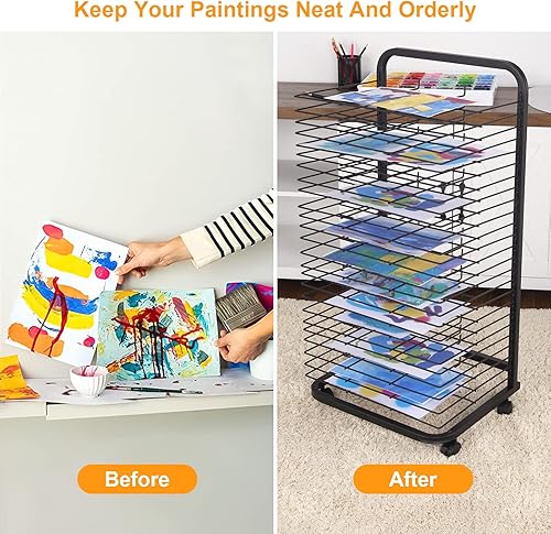 Miniatura 2 de Towallmark Estante de secado de arte con 25 estantes flexibles, estante móvil de secado de pintura con 4 ruedas, estante de lienzo para