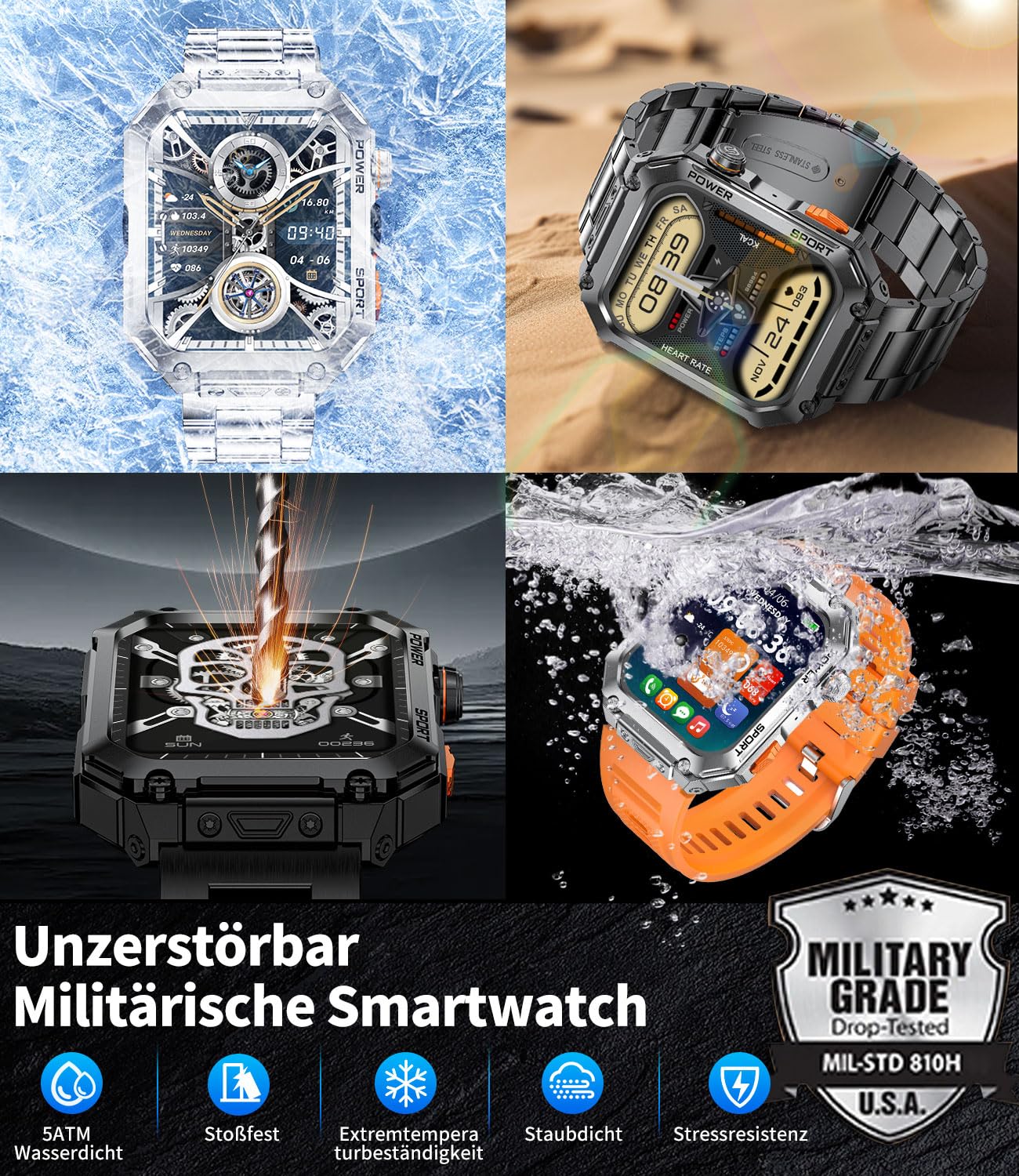 ESFOE Montre Connectée Homme,1,96" Militaire Smartwatch avec Appel Bluetooth 3 Bracelets 100+ Modes Sportifs 5ATM Étanche Fréquence Cardiaque Podomètre Fitness Tracker iOS Android Argent Métallisé
