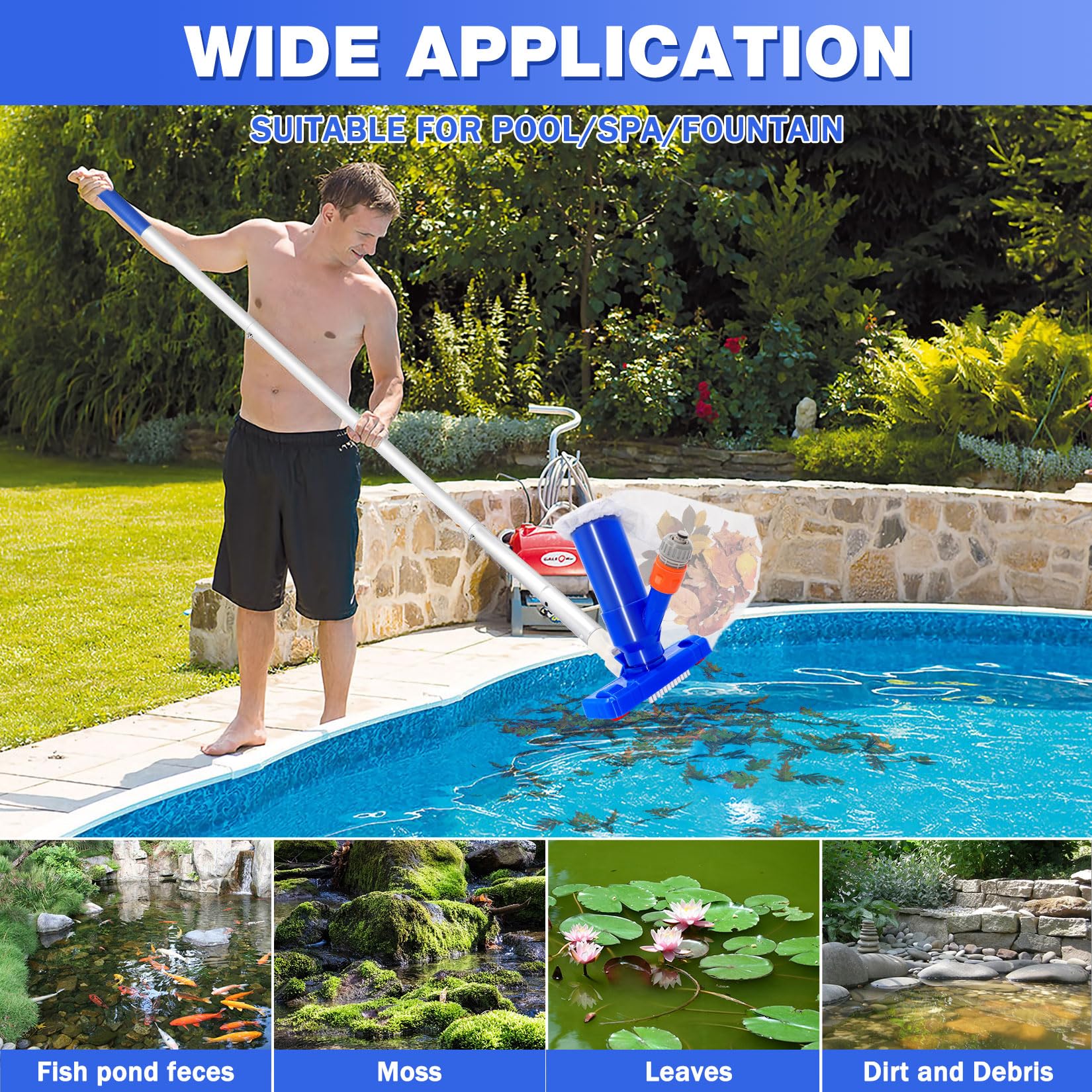 147cm Poolsauger Bodensauger, Pool Sauger Boden Pool Reinigungsset mit Bürste, 4 Abnehmbare Verstärkung Aluminiumstange, Pool Staubsauger Boden, Pool Bodensauger Set, Poolreiniger Bodensauger
