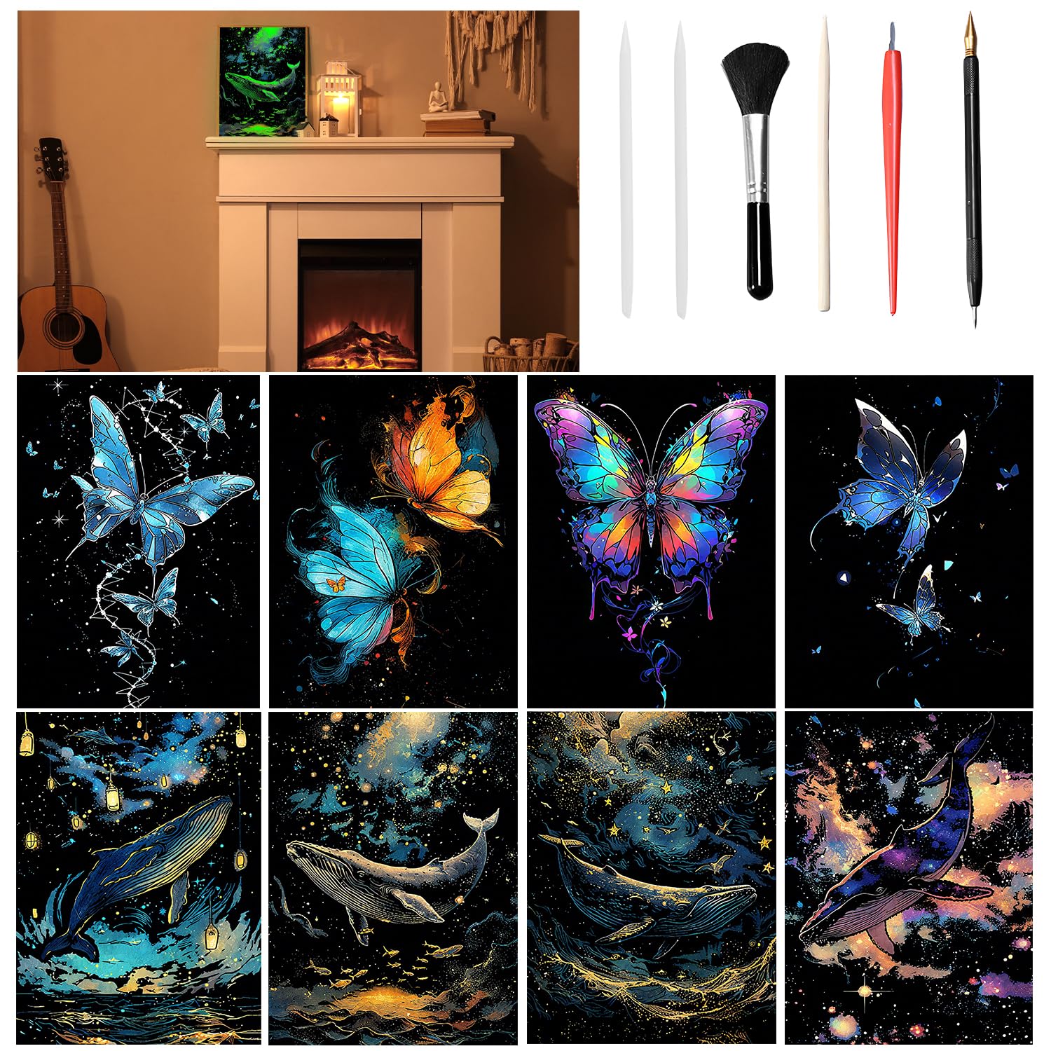 VLYX Scratch Art for Adults and Kids - 8-Piece Rainbow Scratch Notes Kit with Scratching Tools, Creative Art Supplies Children & AdultsButterfly & Whale