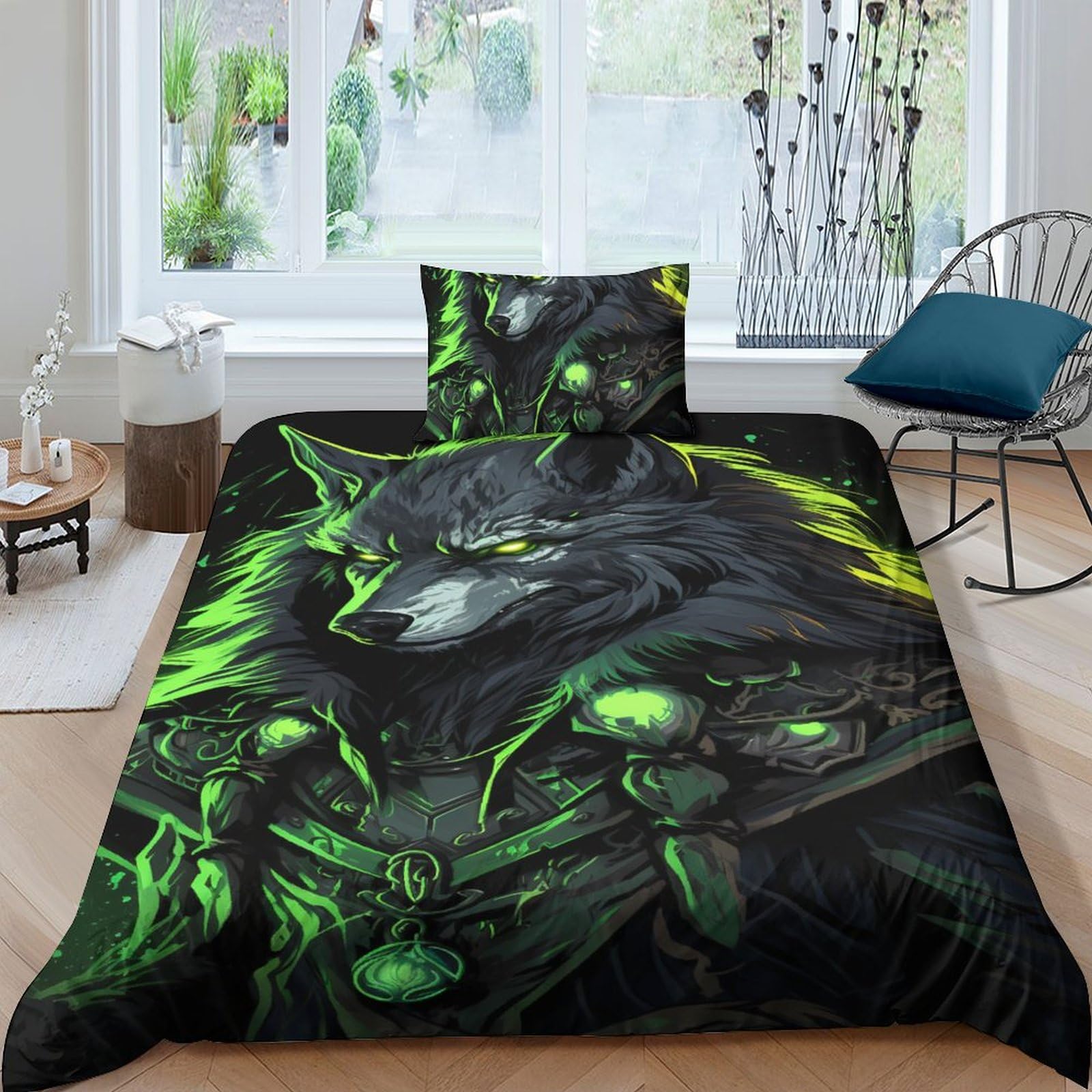 Housse de couette loup vert 135x200 cm avec taies d'oreiller pour lit simple