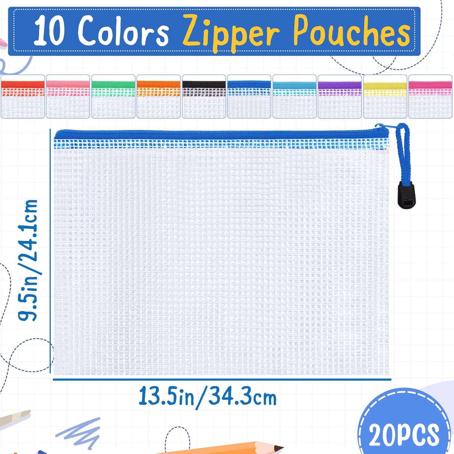 20pcs Mesh Zipper Pouch,Waterproof Zipper Bags,Plastic Zipper Pouches for Organizing,10 Colors Mesh Zipper Pouch Bags Multipurpose for Travel Storage Home Office Supplies(A4/13.5x9.5in)