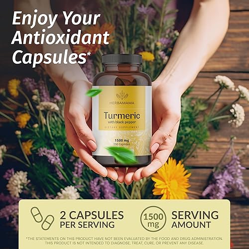 Miniatura 2 de HERBAMAMA Cápsulas de cúrcuma curcumina – 1500 mg de cúrcuma longa y extracto de pimienta negra para ácido úrico y apoyo digestivo – Suplemento