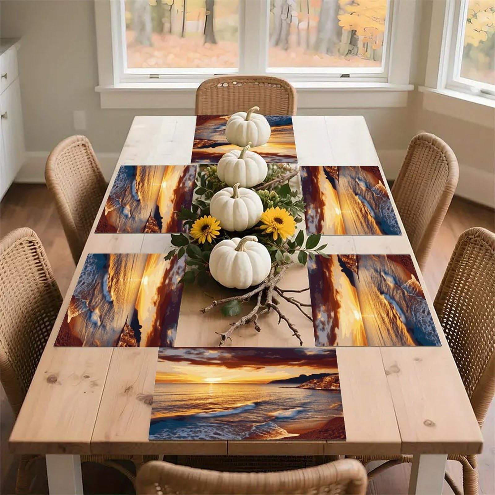Seaside Sunset Placemats Wipeable Heat Resistant Table Mats Washable Flax Place Mats Elegant Cloth Non-Slip Placemat for Kitchen Dinning Party Table Decor 12 * 18 in