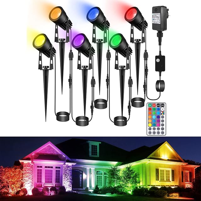 B-right 20M RGBW Garden Spotlights with 3pin Plug Remote Timer 16 Colours 8 Modes, 12V Garden Lights Mains Powered IP65 Waterproof Garden Spike Lights for Landscape Tree Wall Outdoor, 18W